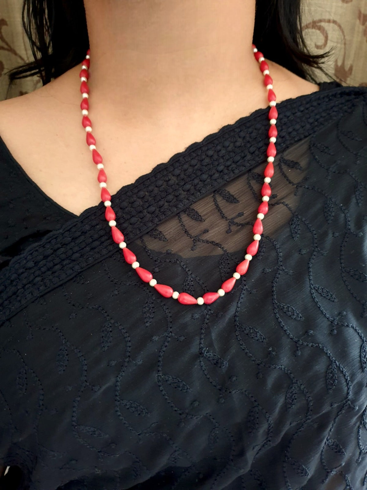 Coral Color Drop Stone Single Layered Pearl Long Mala