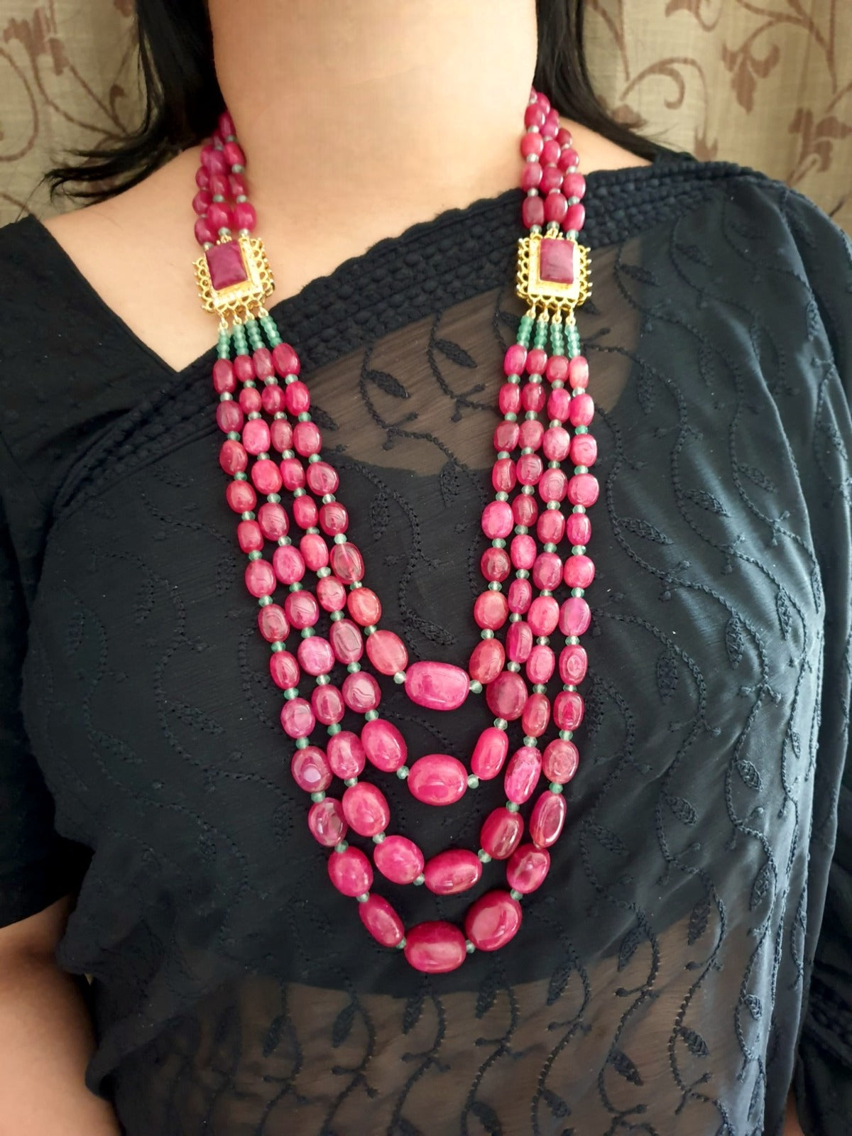 Ruby Red Color Bead Layered Necklace Set