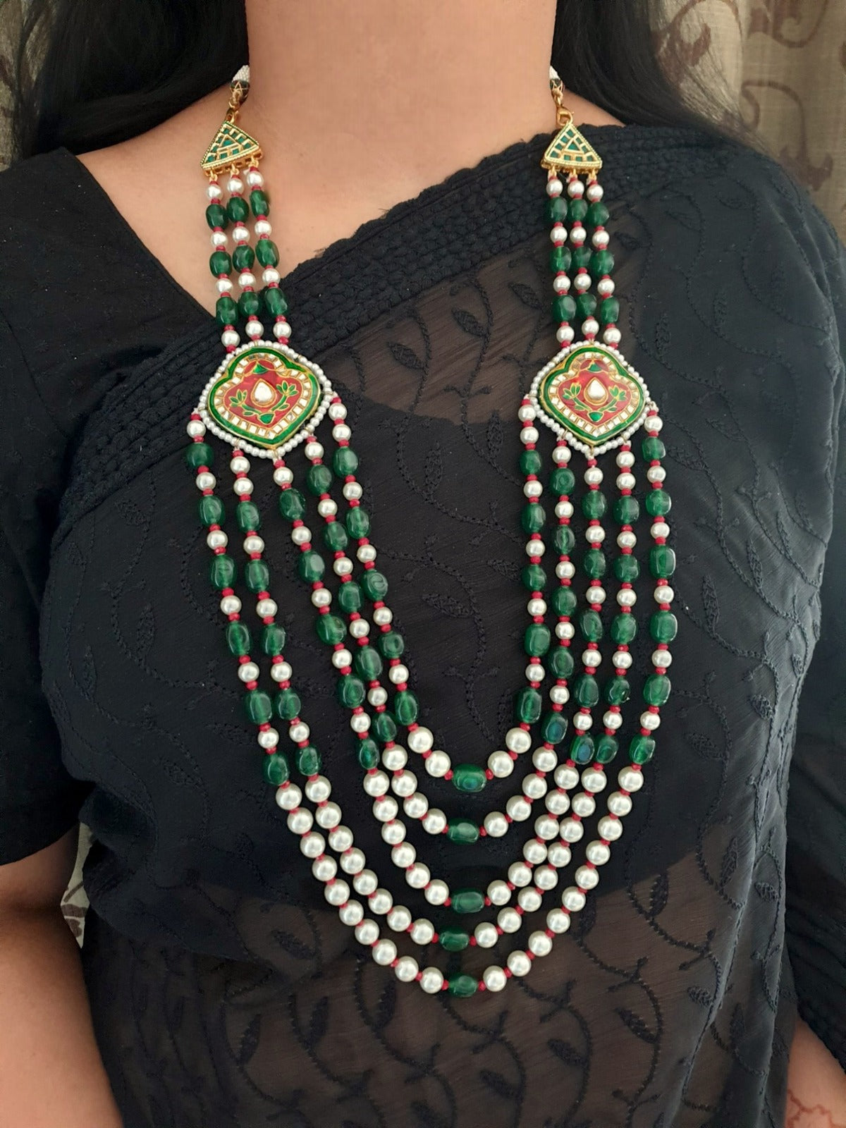 Green Kundan Meenakari Pearl Long Necklace – Jaipri