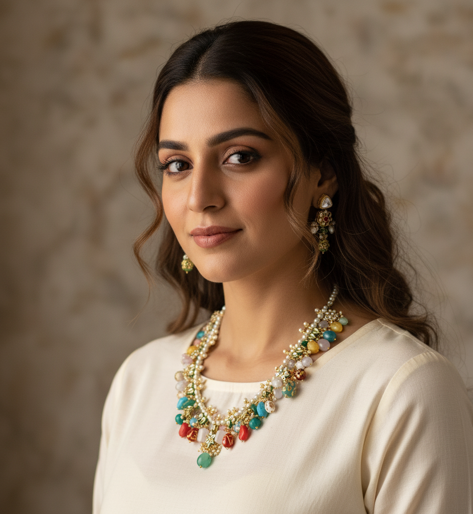 Kundan Beaded Long Bridal Necklace With Earrings