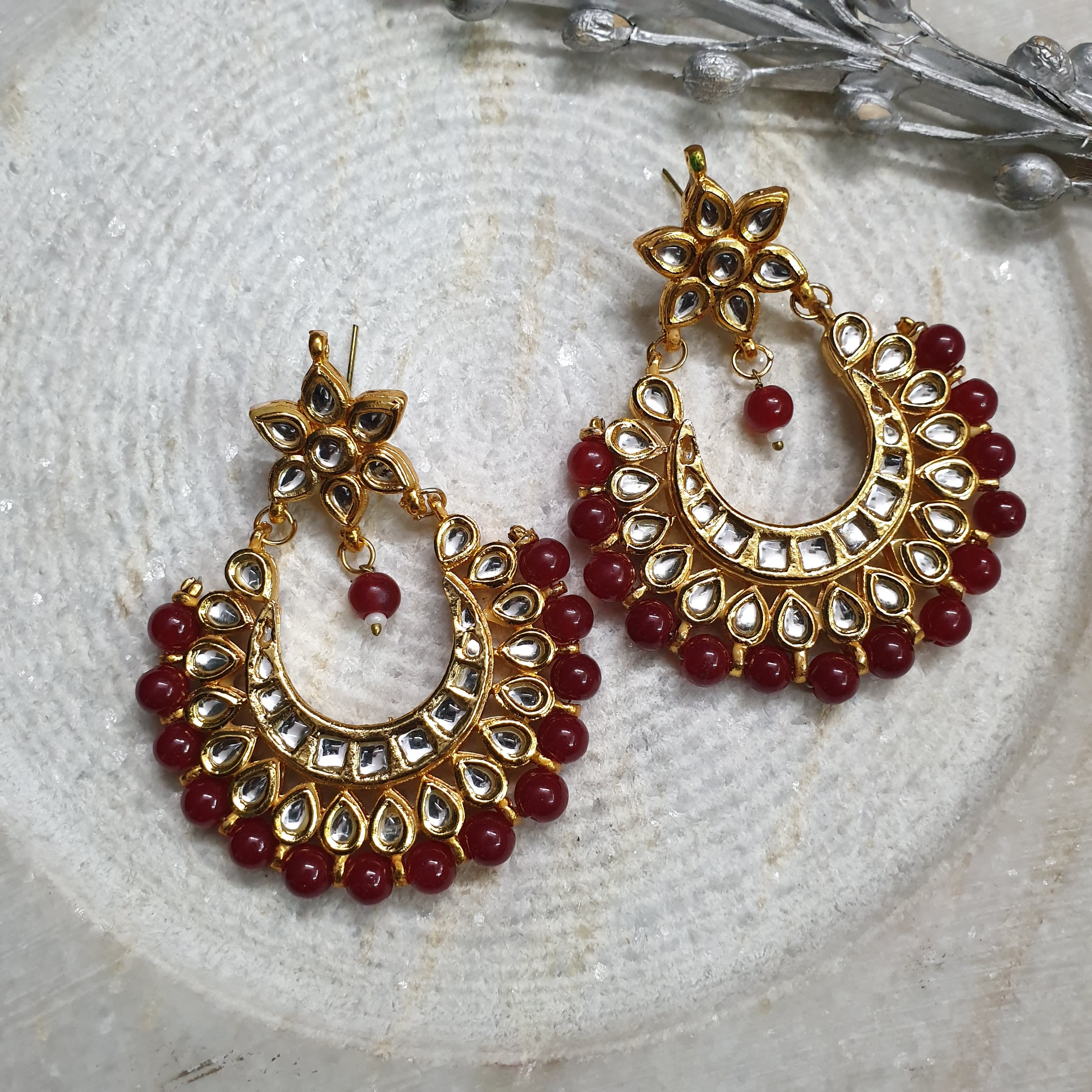 Maroon Beaded Kundan Chandbali Earrings