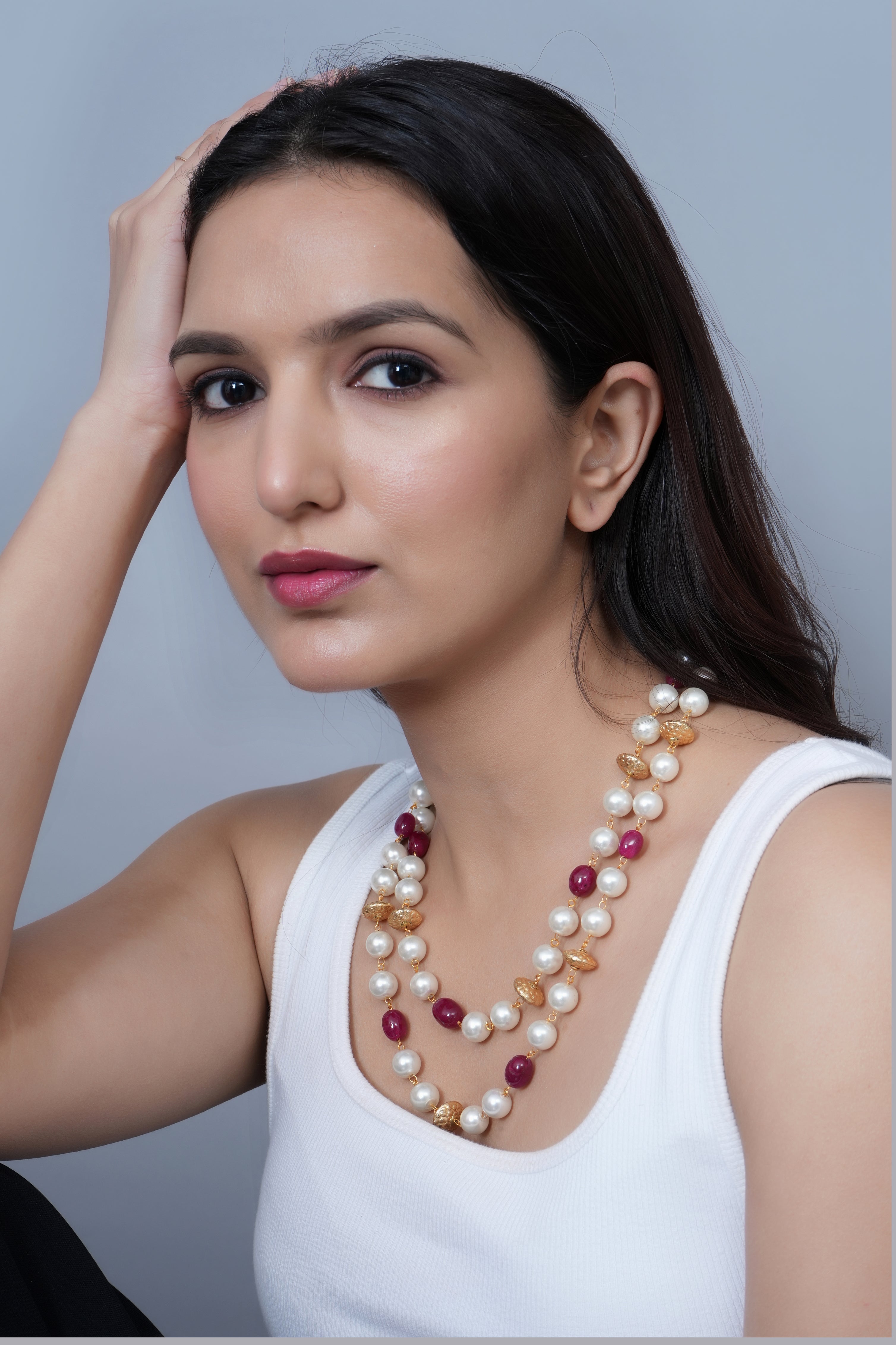 Red Stone and Pearl Beaded Necklace