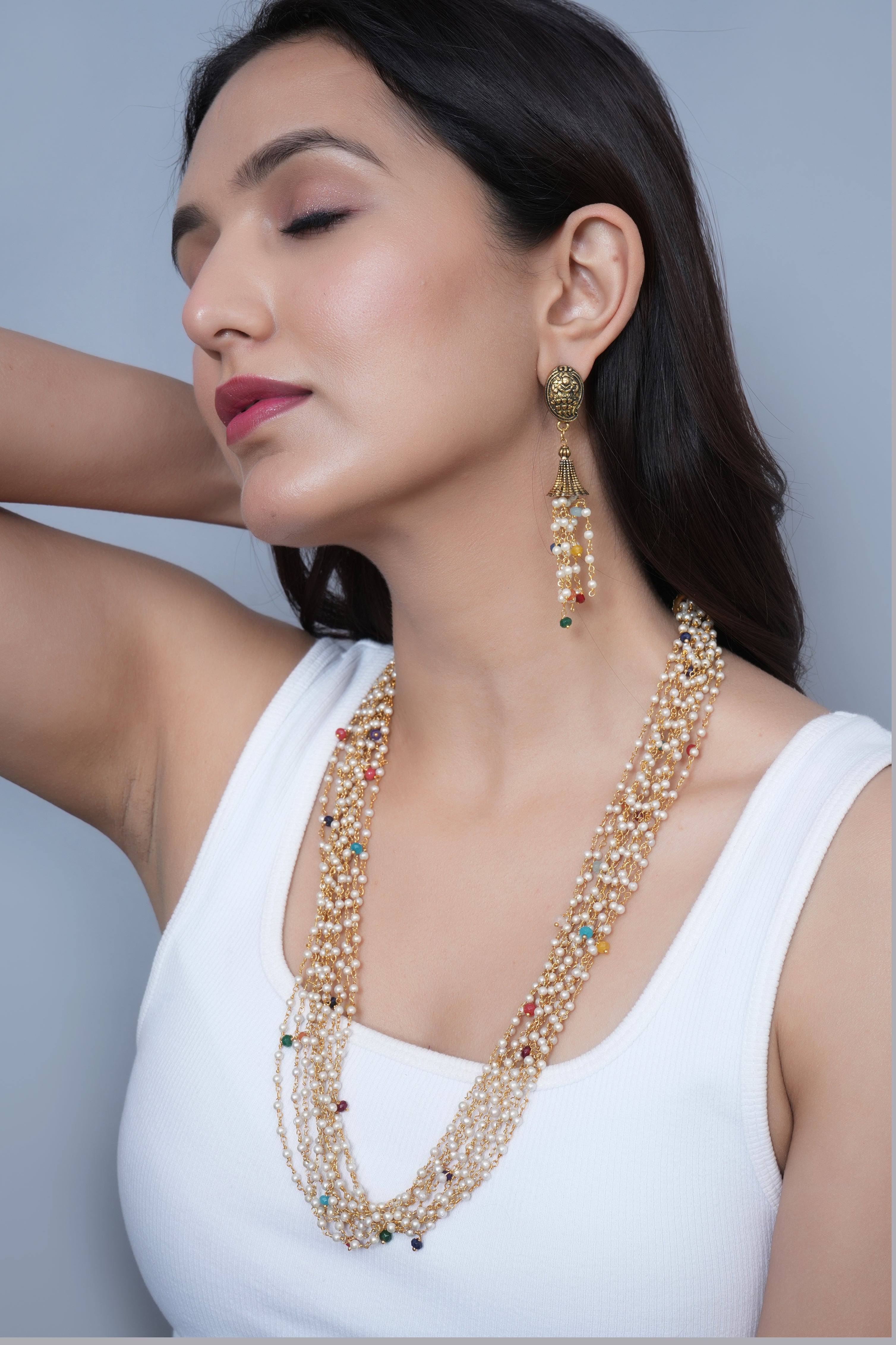 Multi Color Small Pearl Beaded Necklace With Earrings