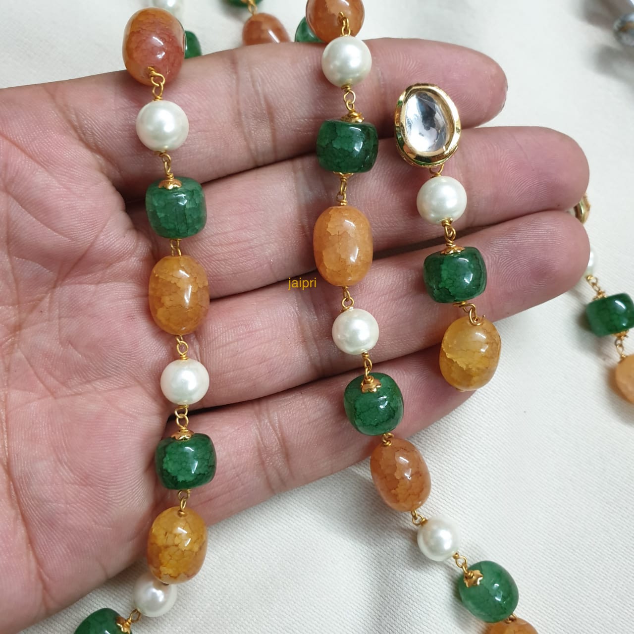 Orange Green Stone Beads Pearl Long Mala