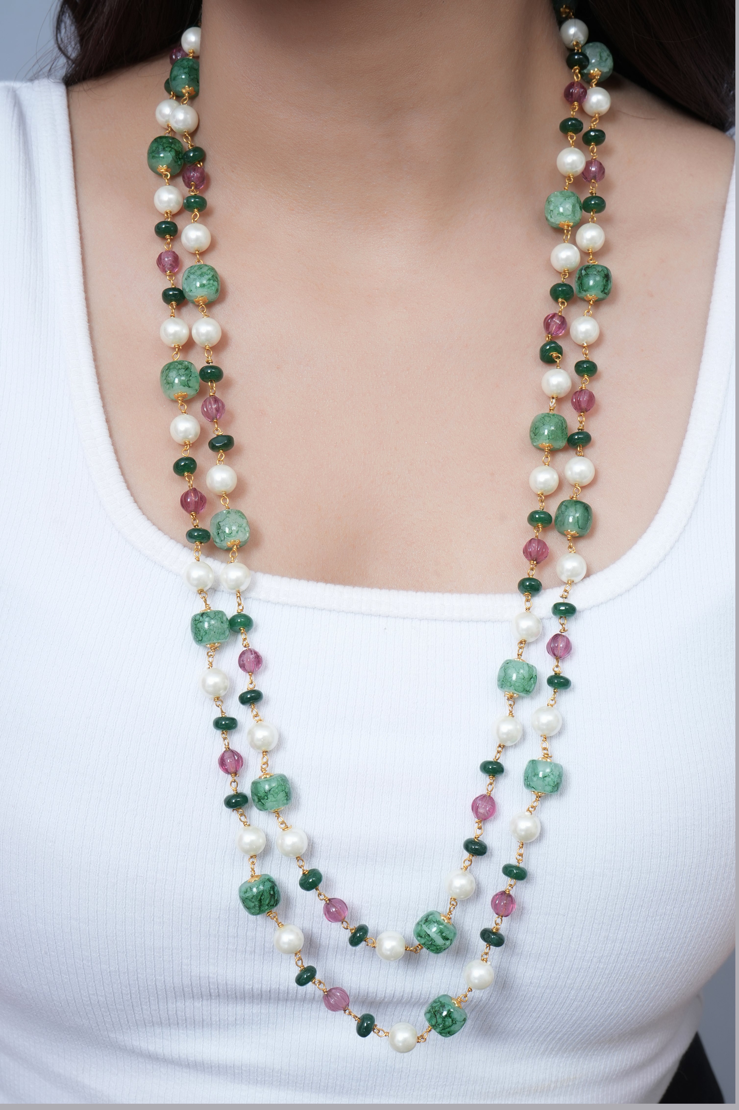 Green Stone Double Layered Beads Pearl Long Mala
