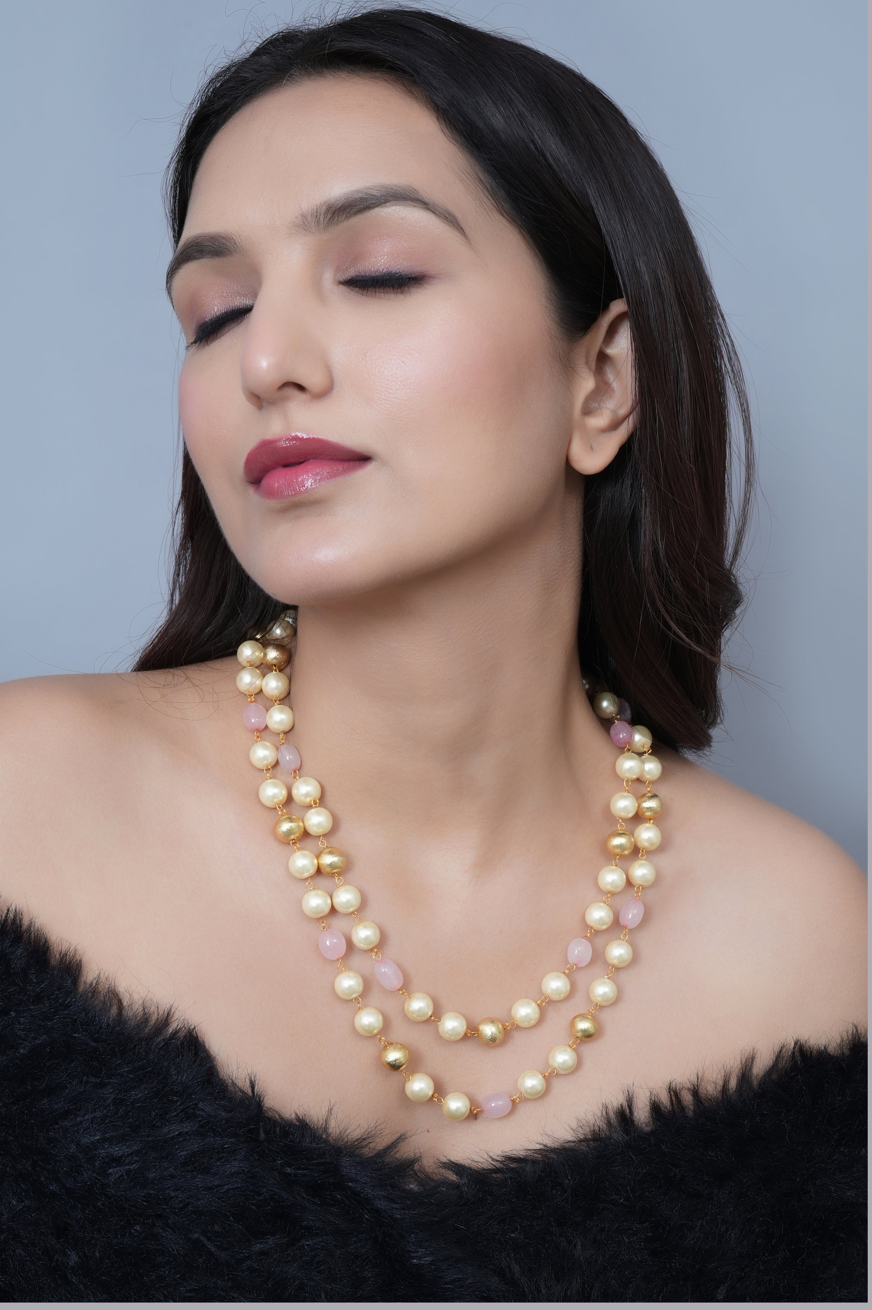 Pink Stone and Pearl Beaded Necklace