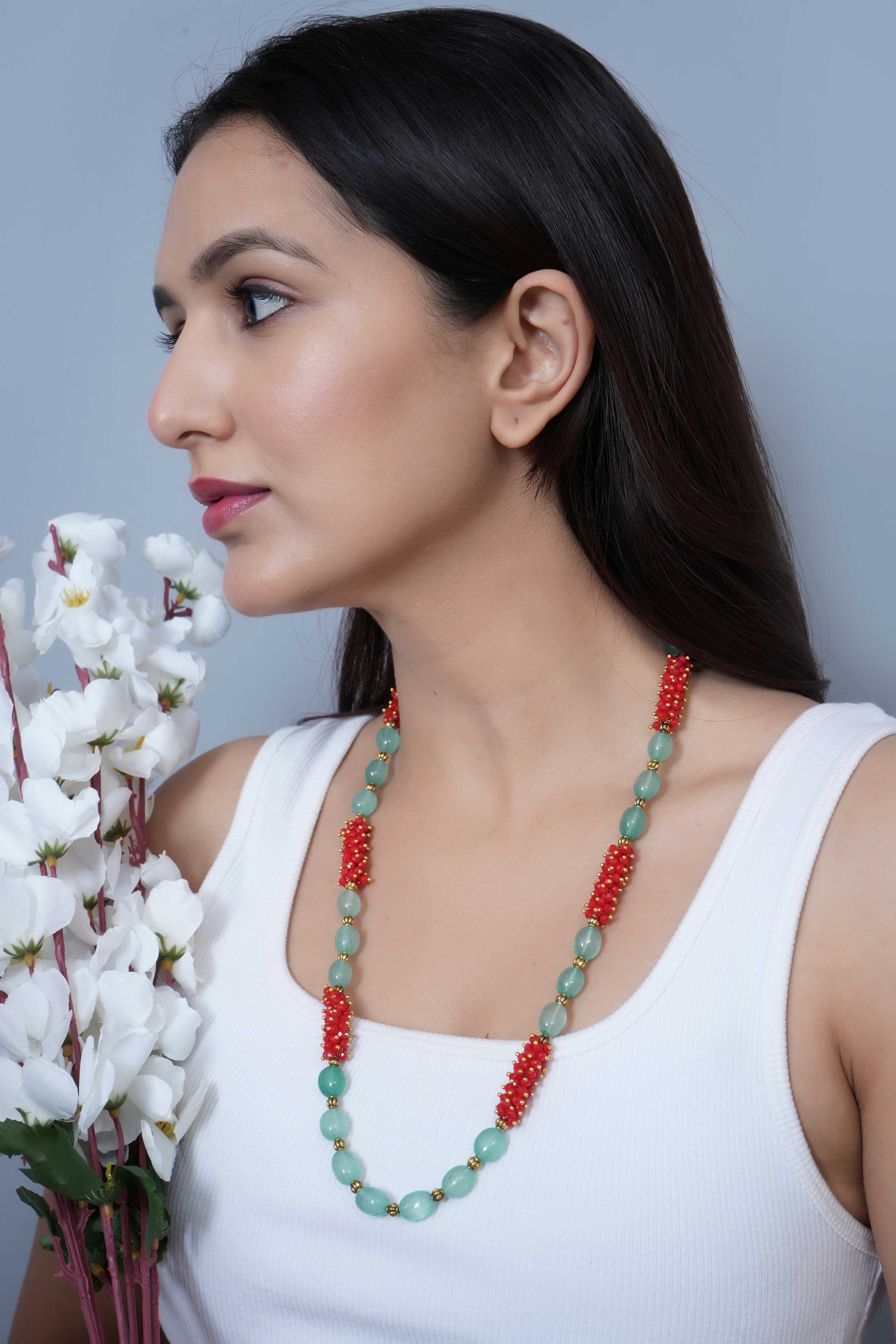 Green Red Stone Single Layered Long Mala