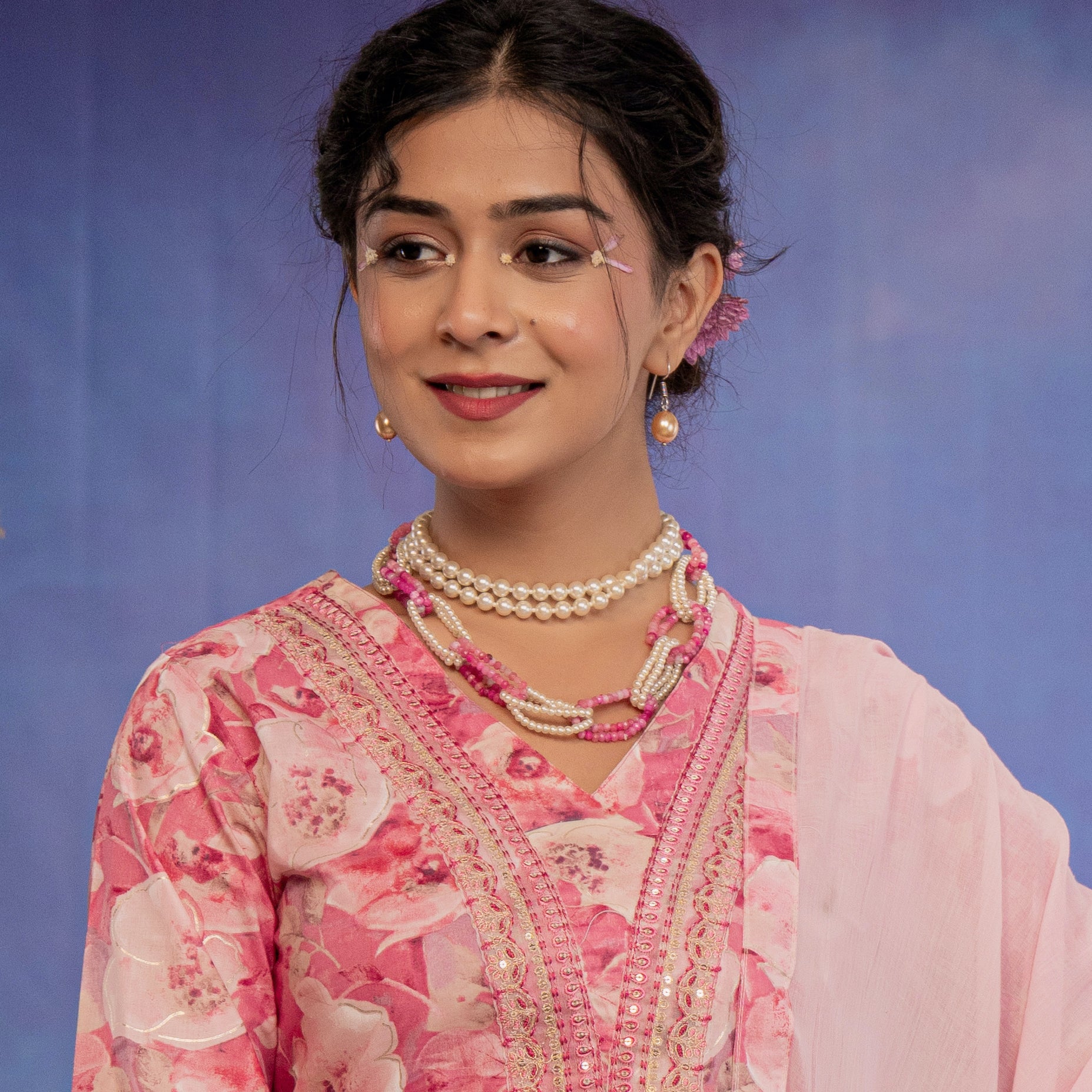 Pearl and Pink Stone Necklace With Choker and Earrings