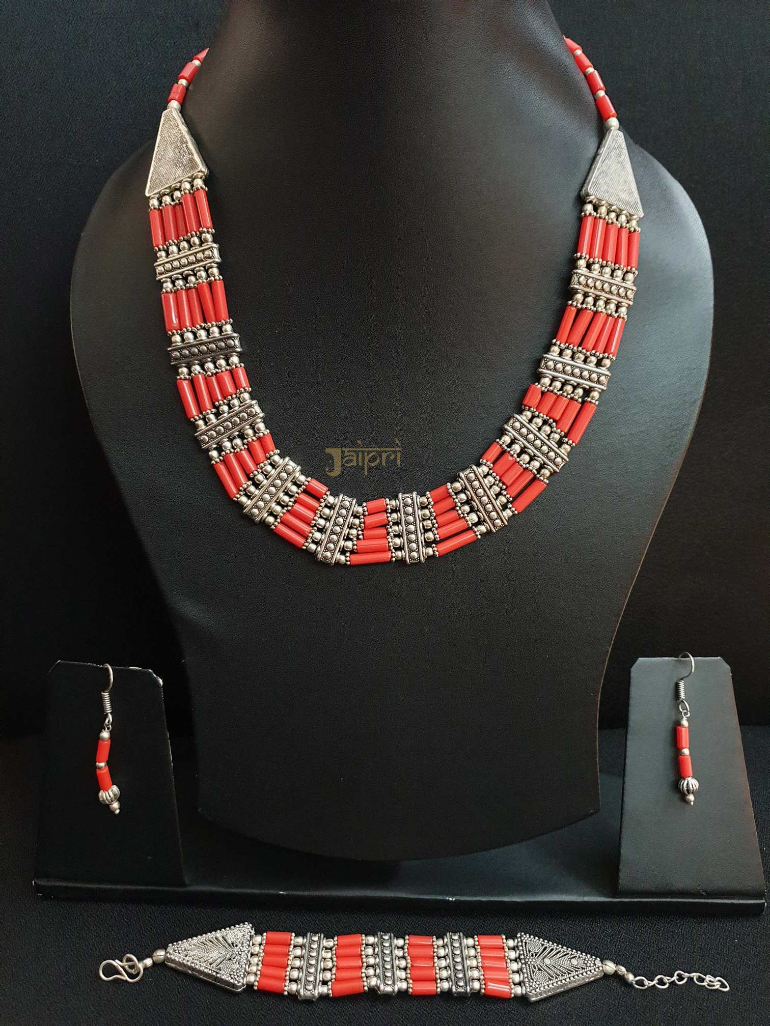 Coral Red Oxidised Necklace With Earrings and Bracelet