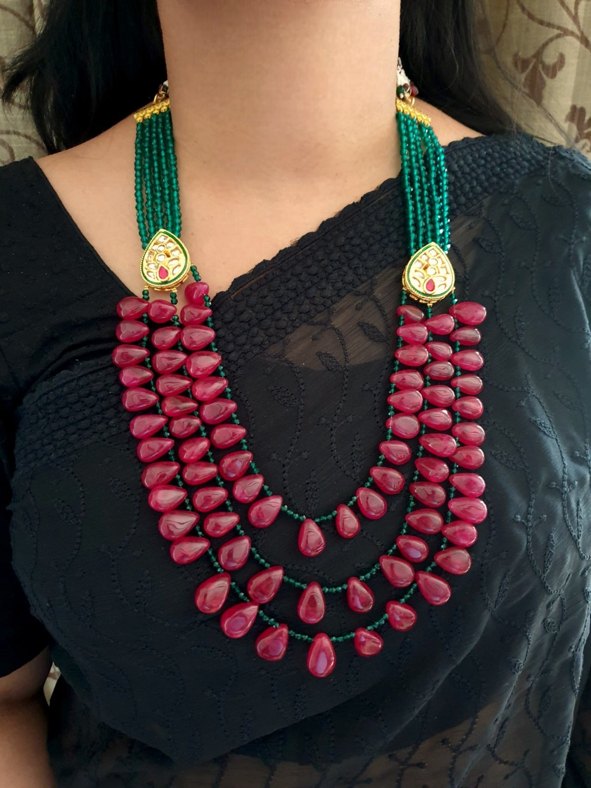 Ruby Drop Green Beaded Kundan Long Necklace