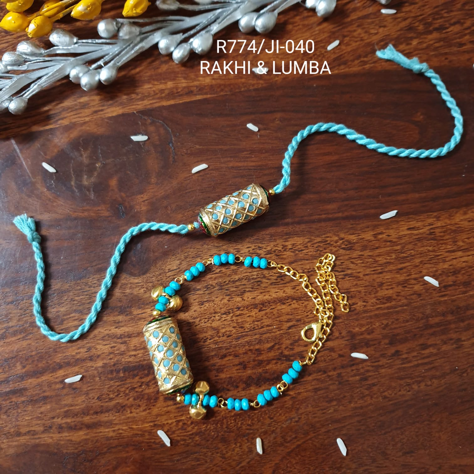 Turquoise Jadau Rakhi For Bhaiya Bhabhi
