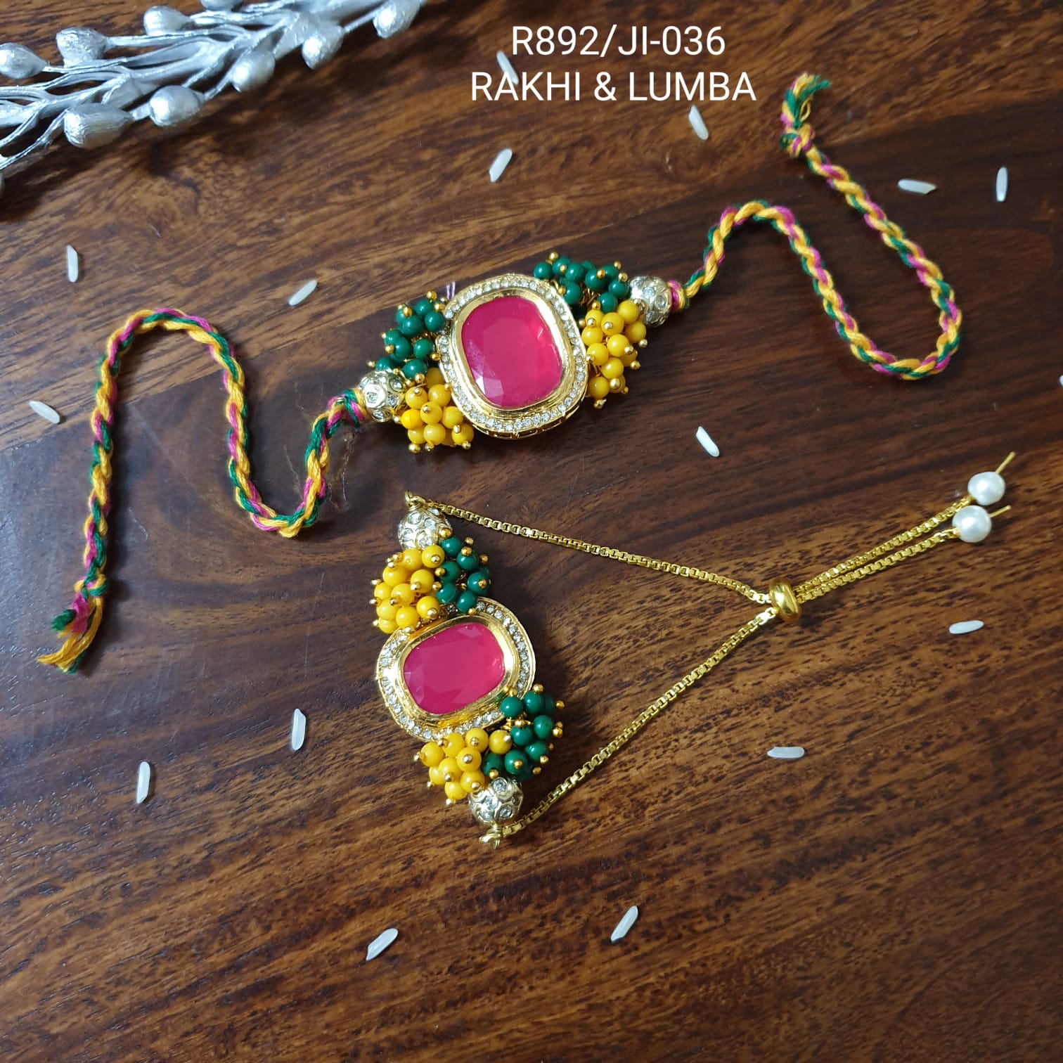 Red Kundan Couple Rakhi Set