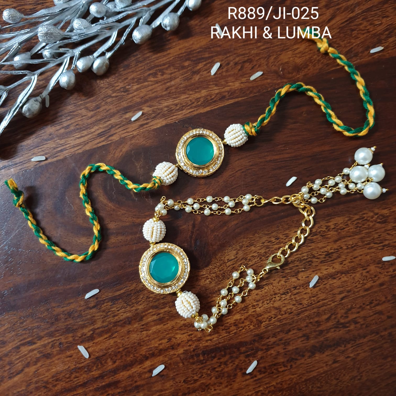 Green Kundan Pearl Rakhi For Bhaiya Bhabhi