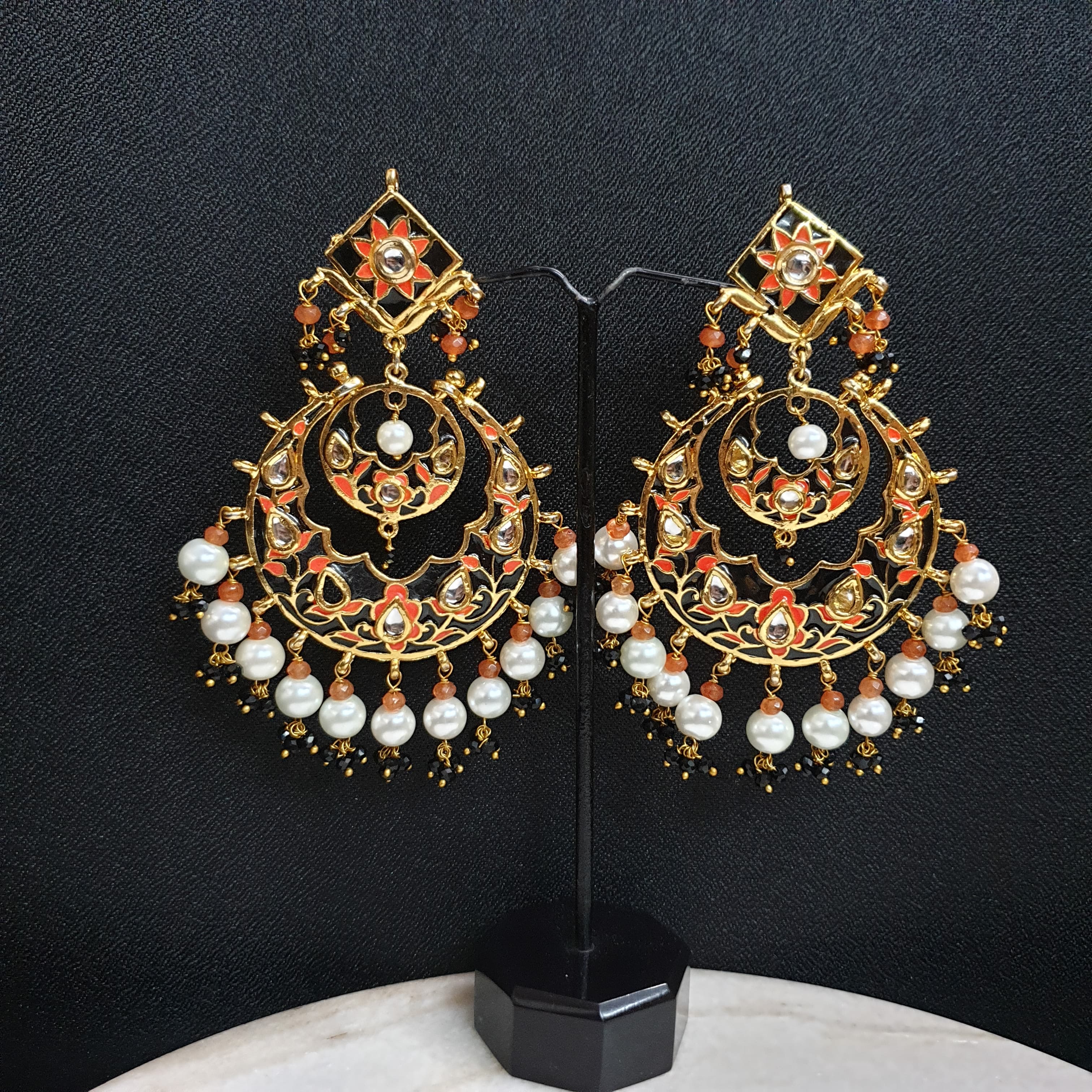 Gold Tone Black Meenakari Chandbali Earrings