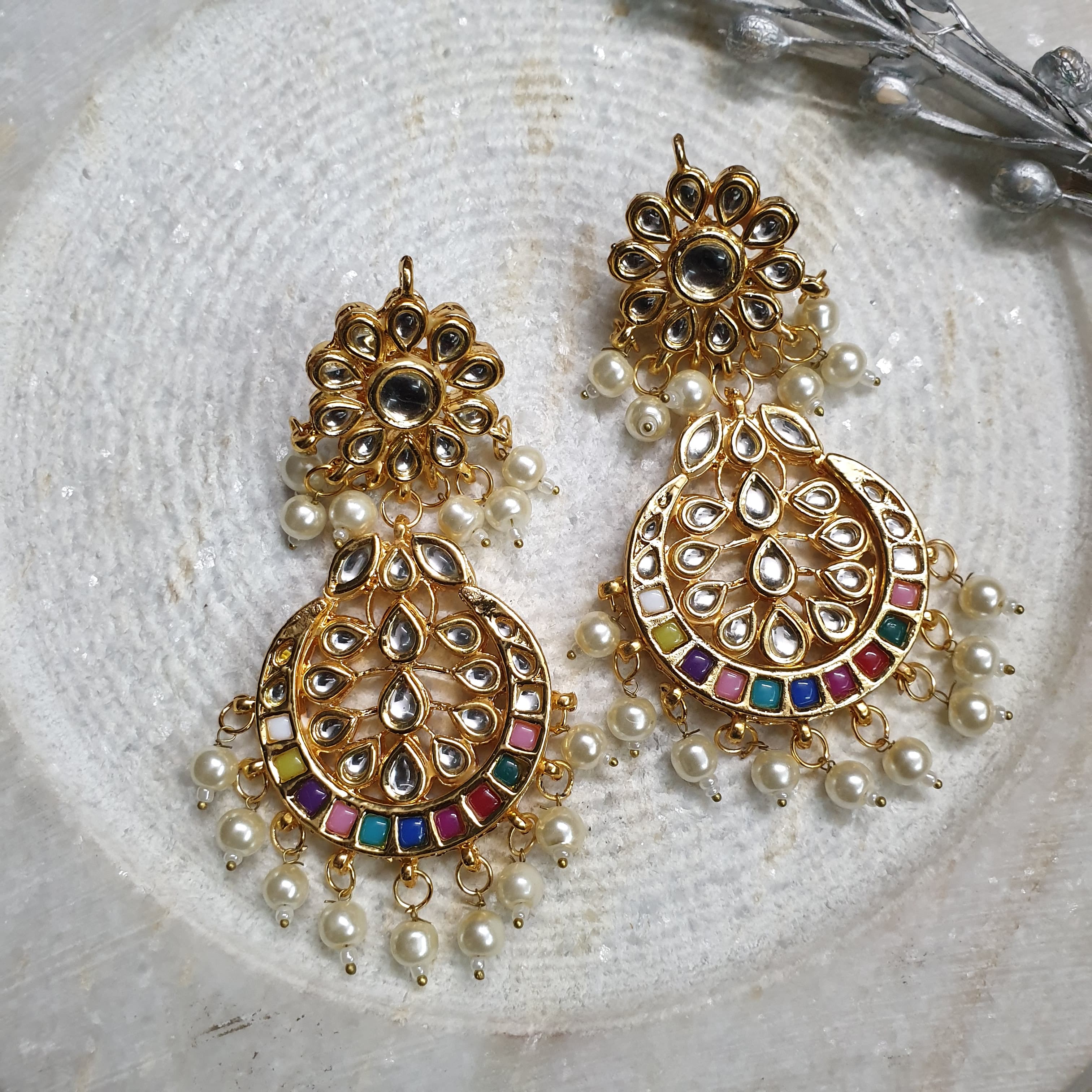 Multi Stone Kundan Chandbali Earrings