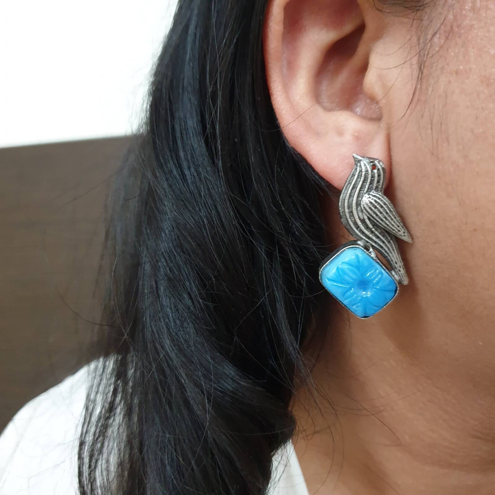Turquoise Floral Stone Bird Design Ear Studs