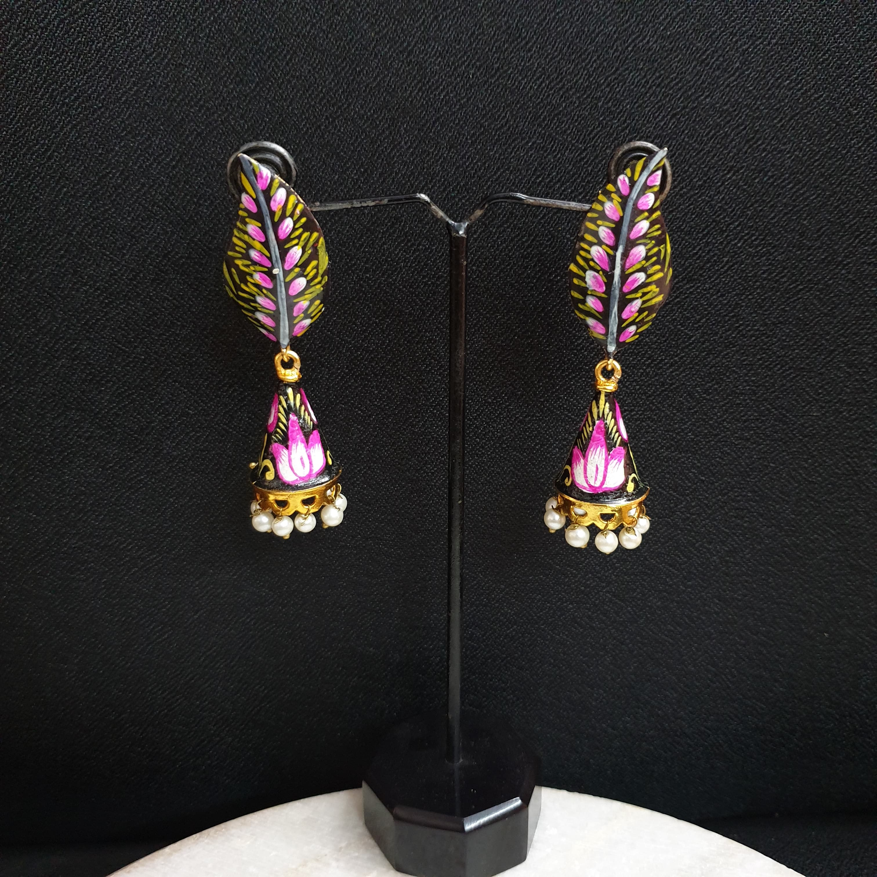 Black Handpainted Jhumki Earrings