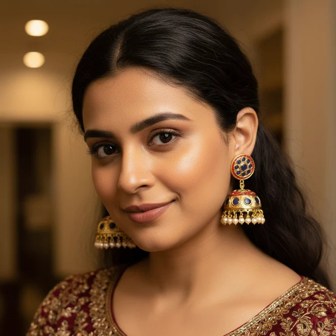 Blue Jadau Jhumki Earrings With Meenakari