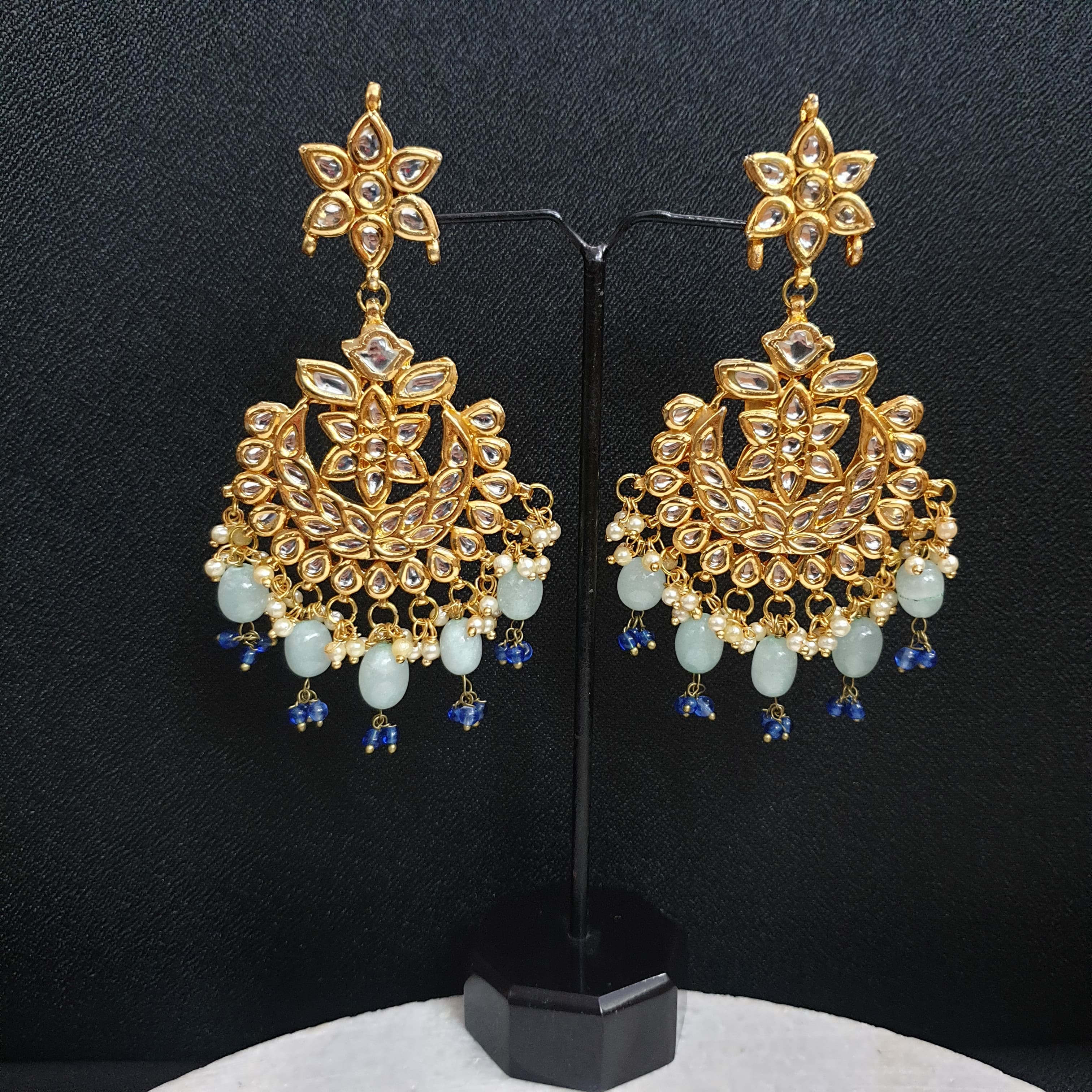 Gold Tone Blue Beading Kundan Chandbali Earrings