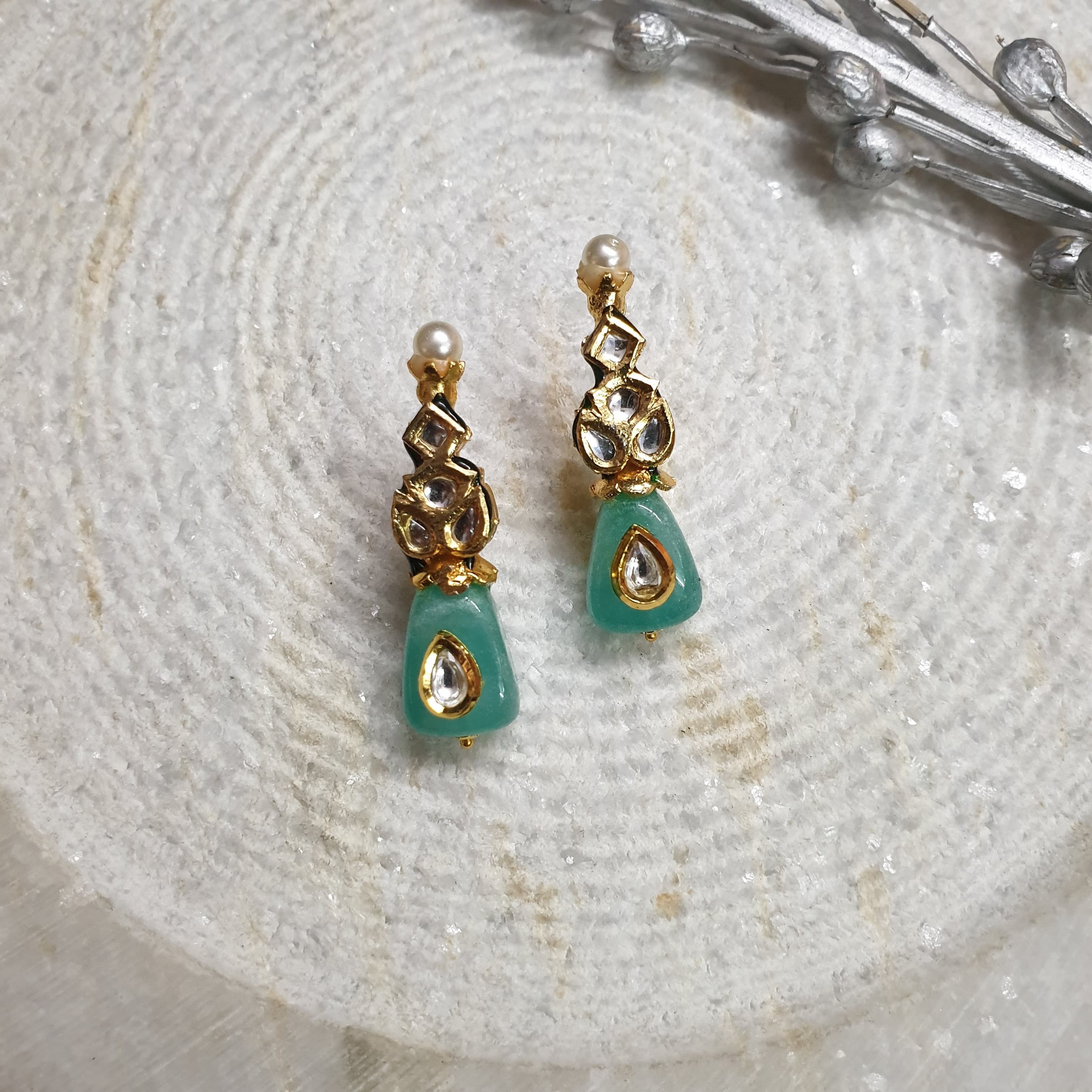 Sea Green Stone Kundan Jadau Earrings