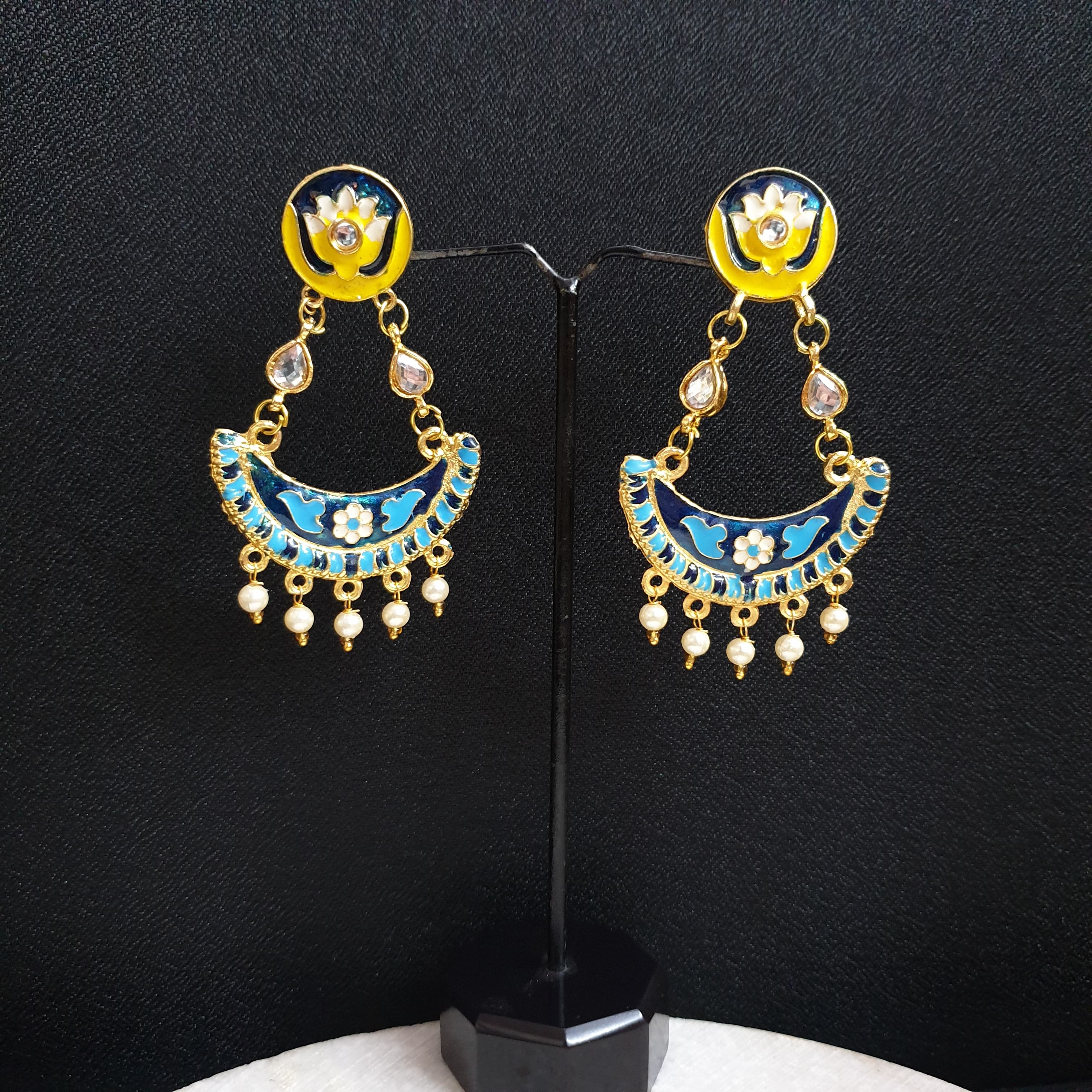 Yellow Lotus Blue Meenakari Chandbali Earrings