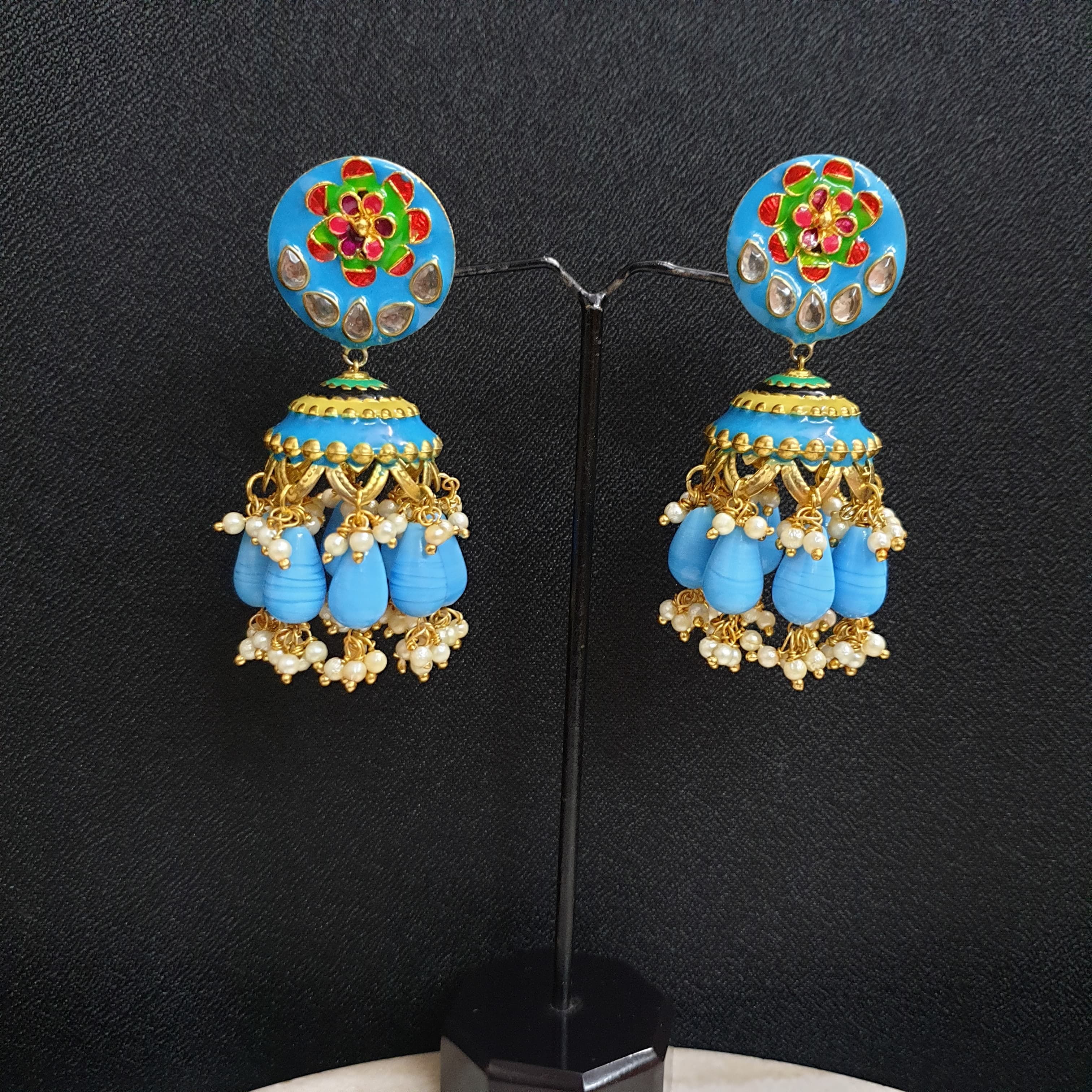 Gold Tone Blue Beads Meenakari Jhumki Earrings