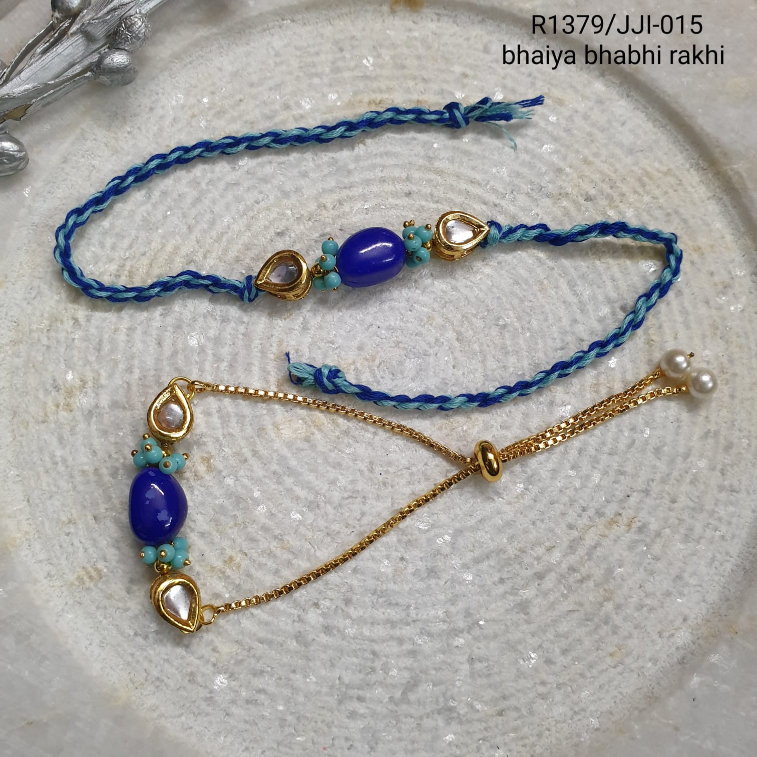 Blue Kundan Rakhi For Bhaiya Bhabhi