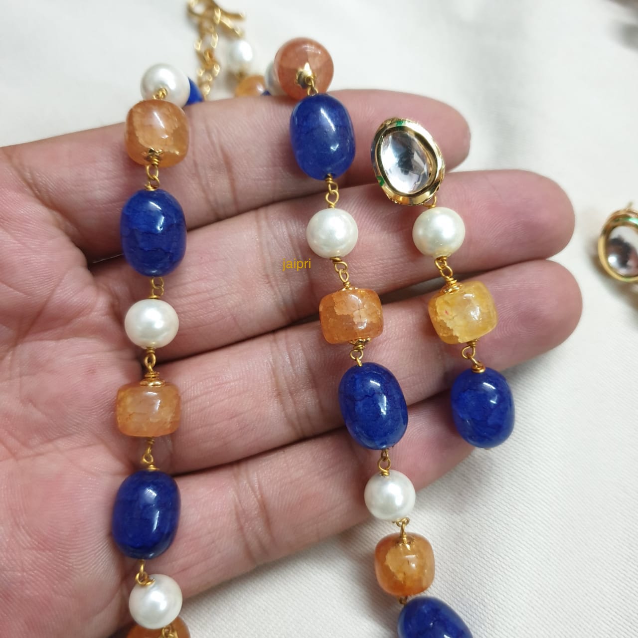 Blue Orange Stone Beads Pearl Long Mala