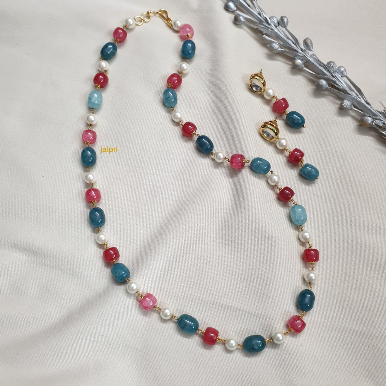 Blue Red Stone Beads Pearl Long Mala