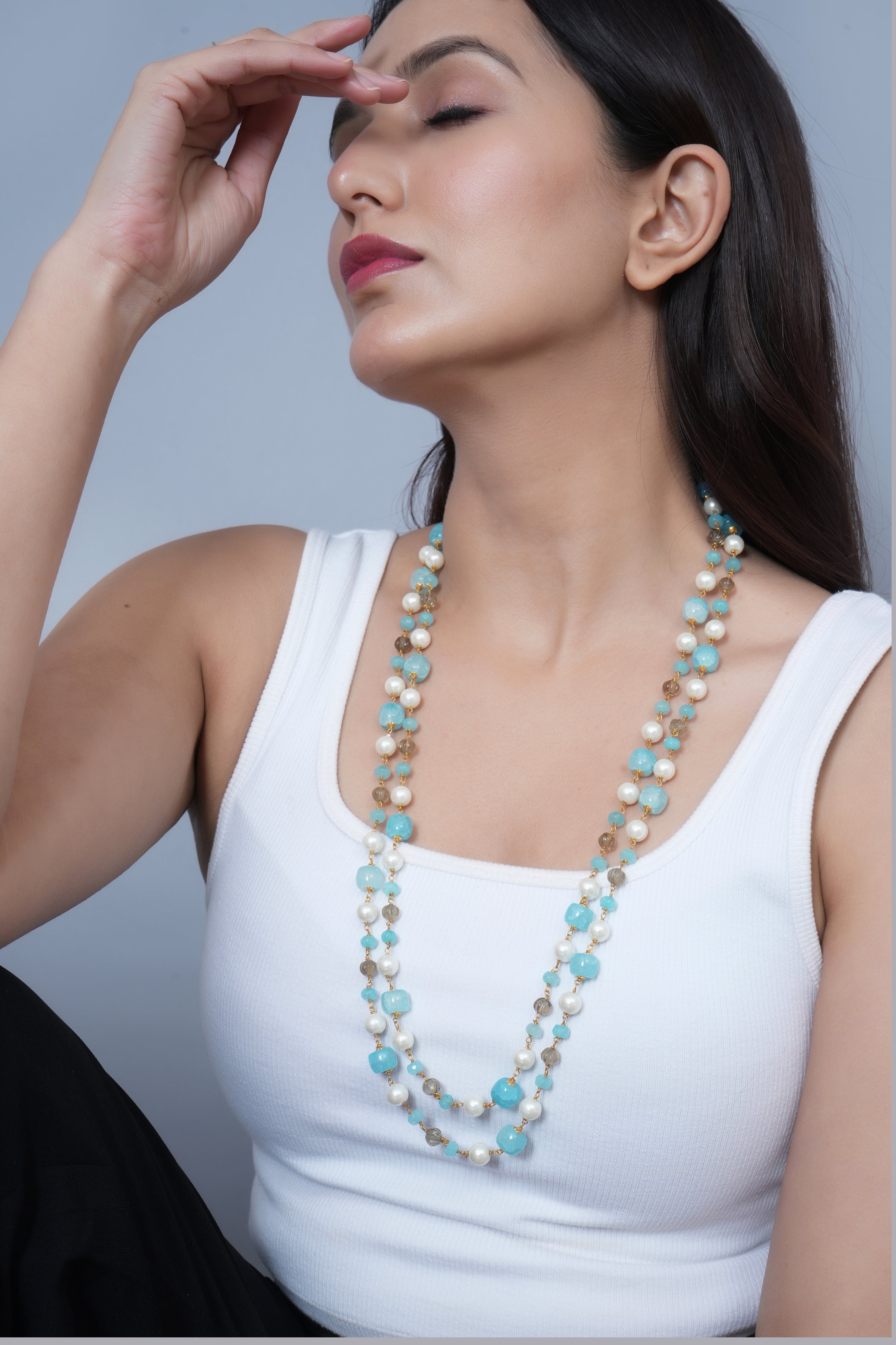 Blue Stone Double Layered Beads Pearl Long Mala