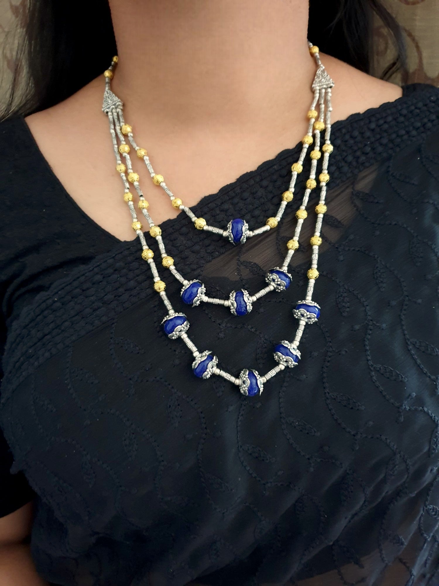 Three Layer Blue Stone Necklace