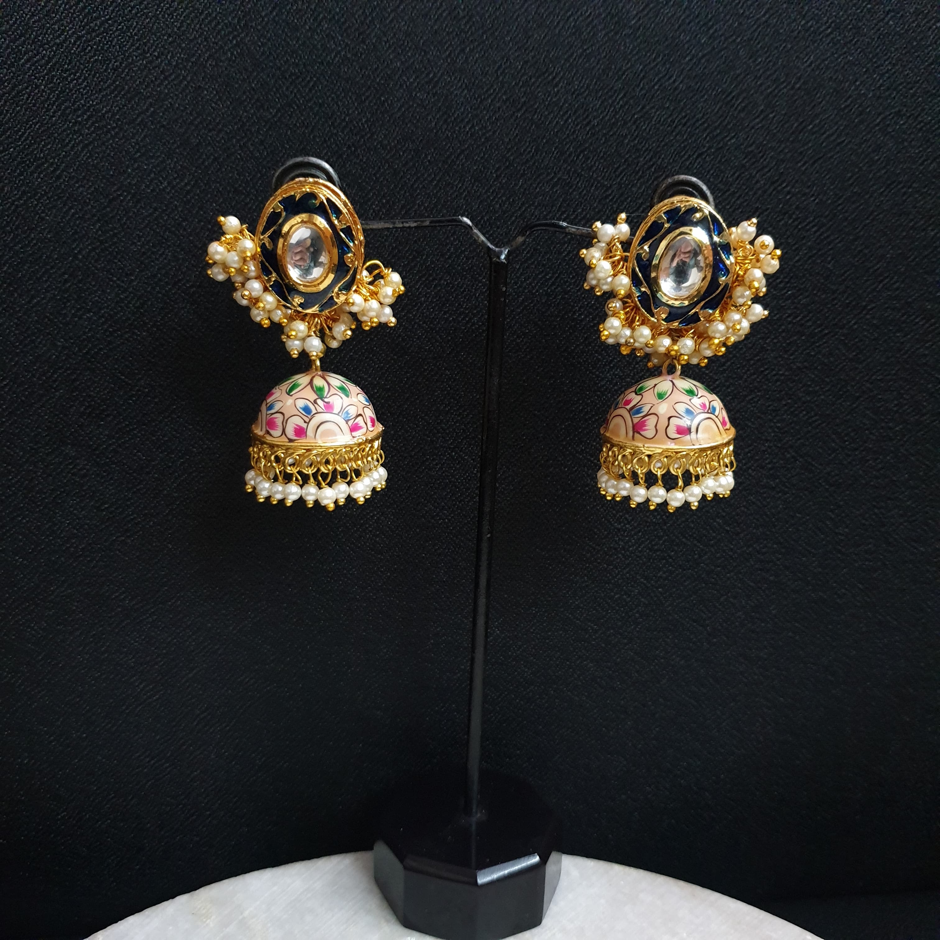 Dark Blue Handpainted Jhumki Kundan Earrings