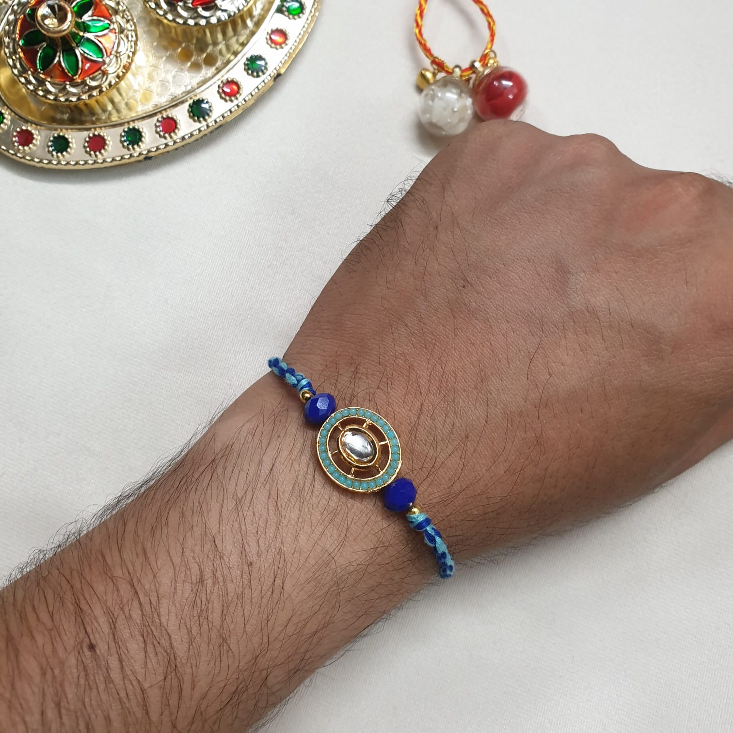 Kundan Blue Bead Rakhi For Brother