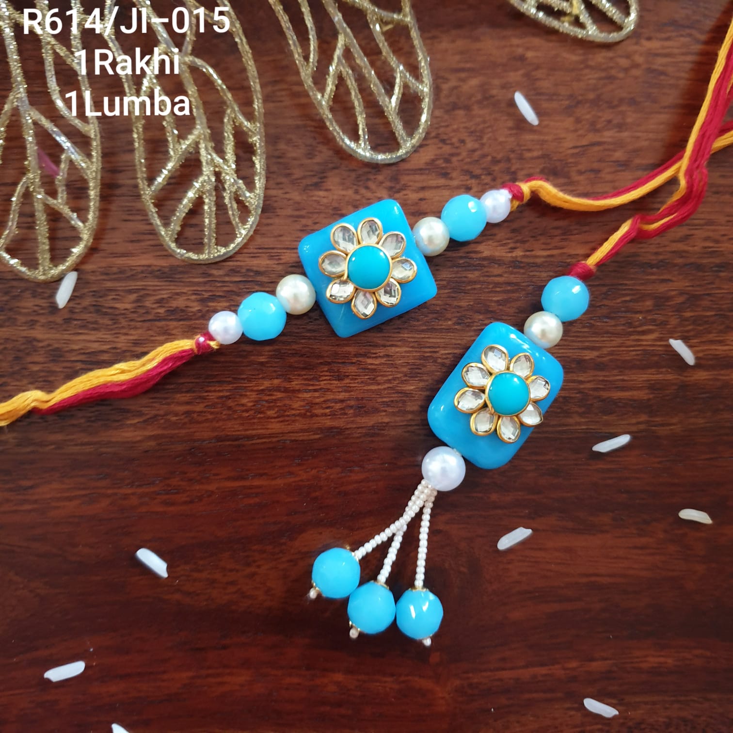 Blue Pacchi Kundan Rakhi Set