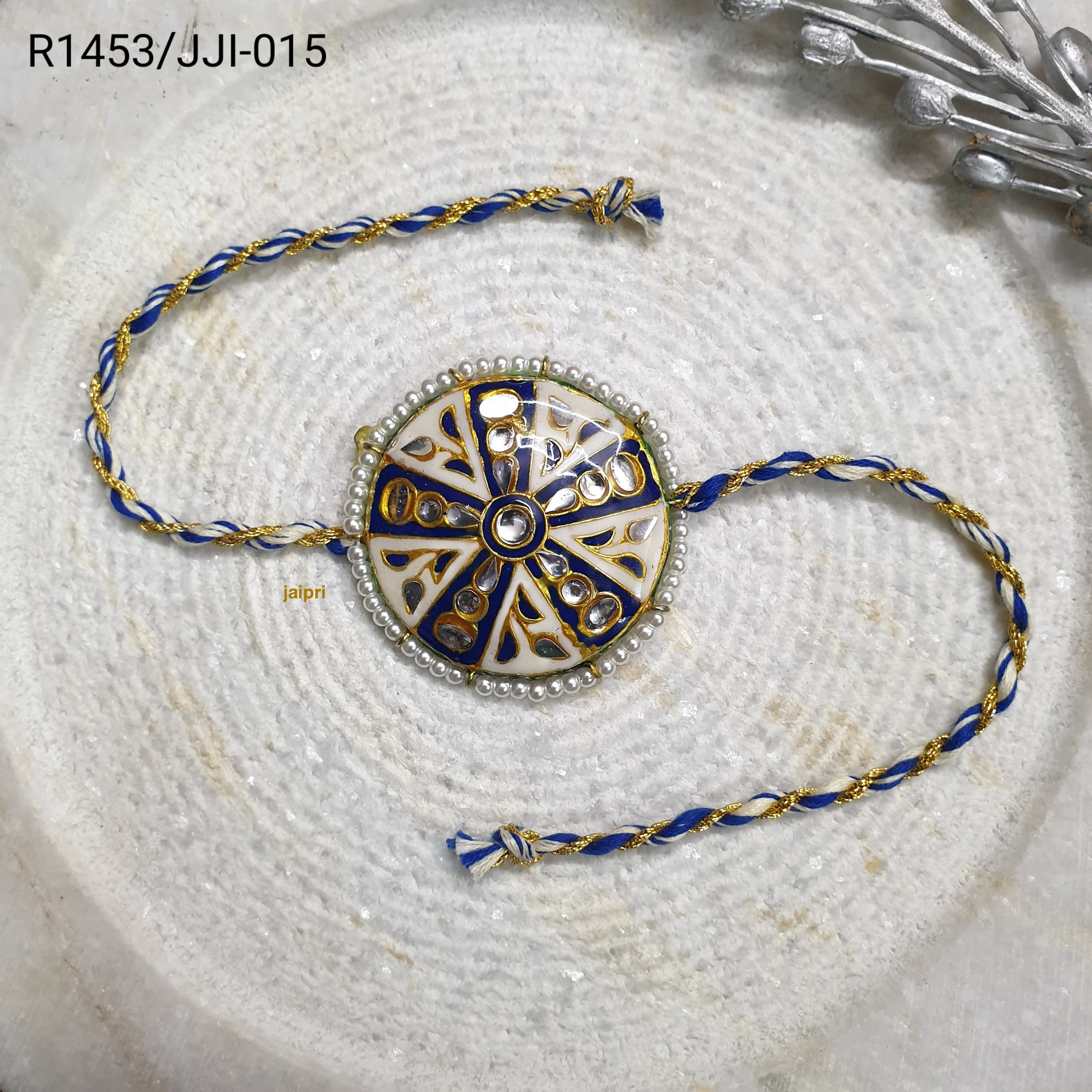 Blue Round Kundan Meena Rakhi