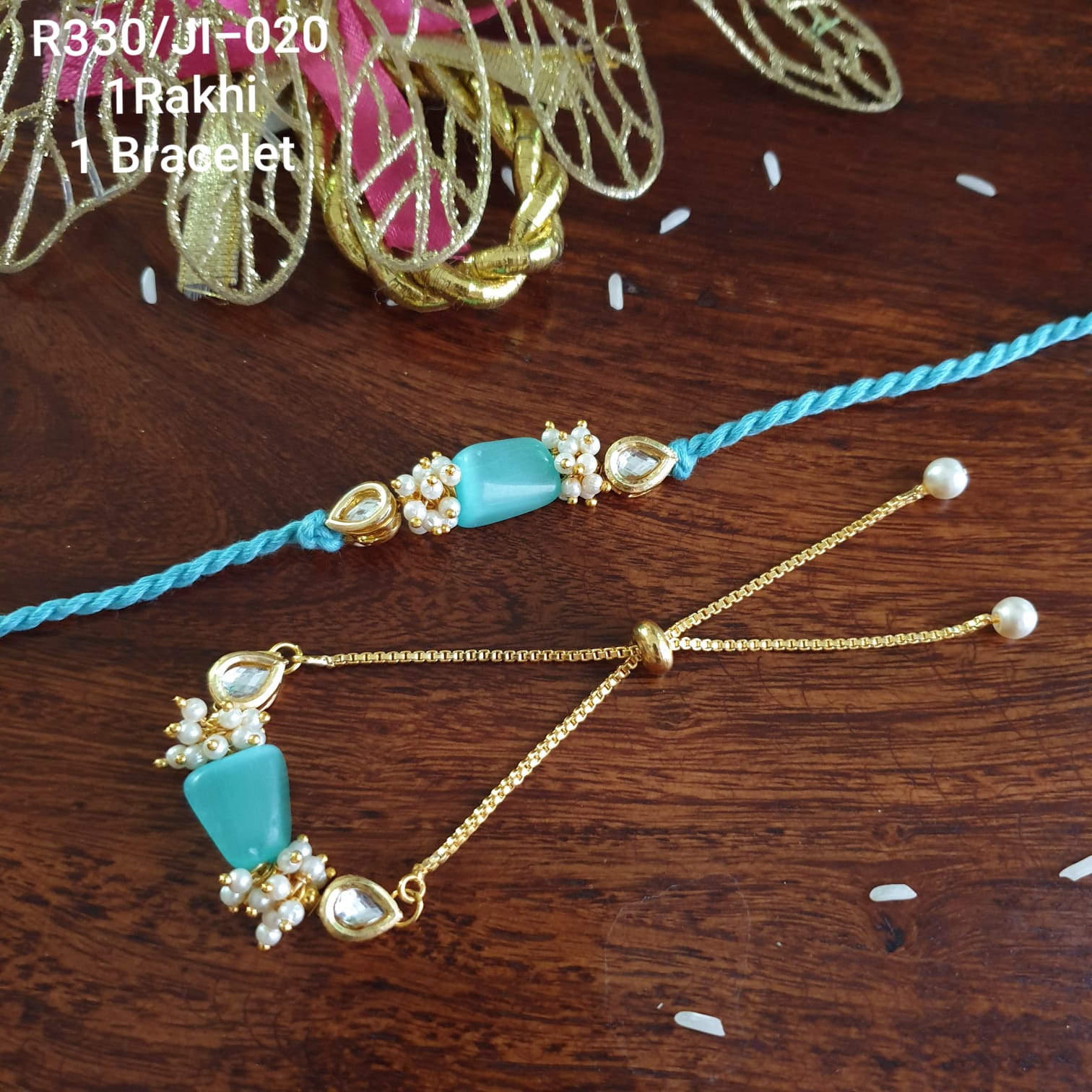 Blue Jade Stone Kundan Rakhi For Bhaiya Bhabhi