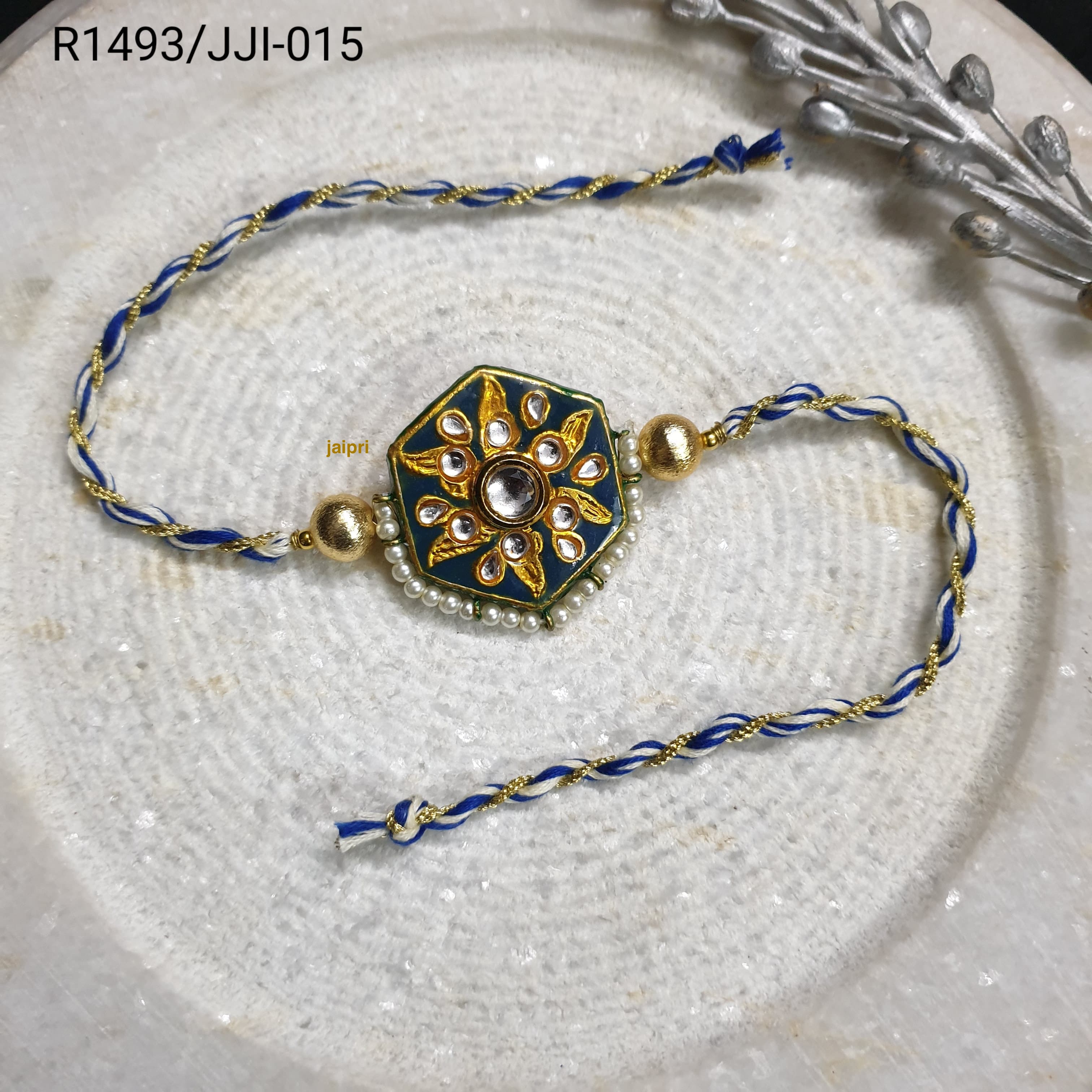 Blue Kundan Meena Rakhi For Brother