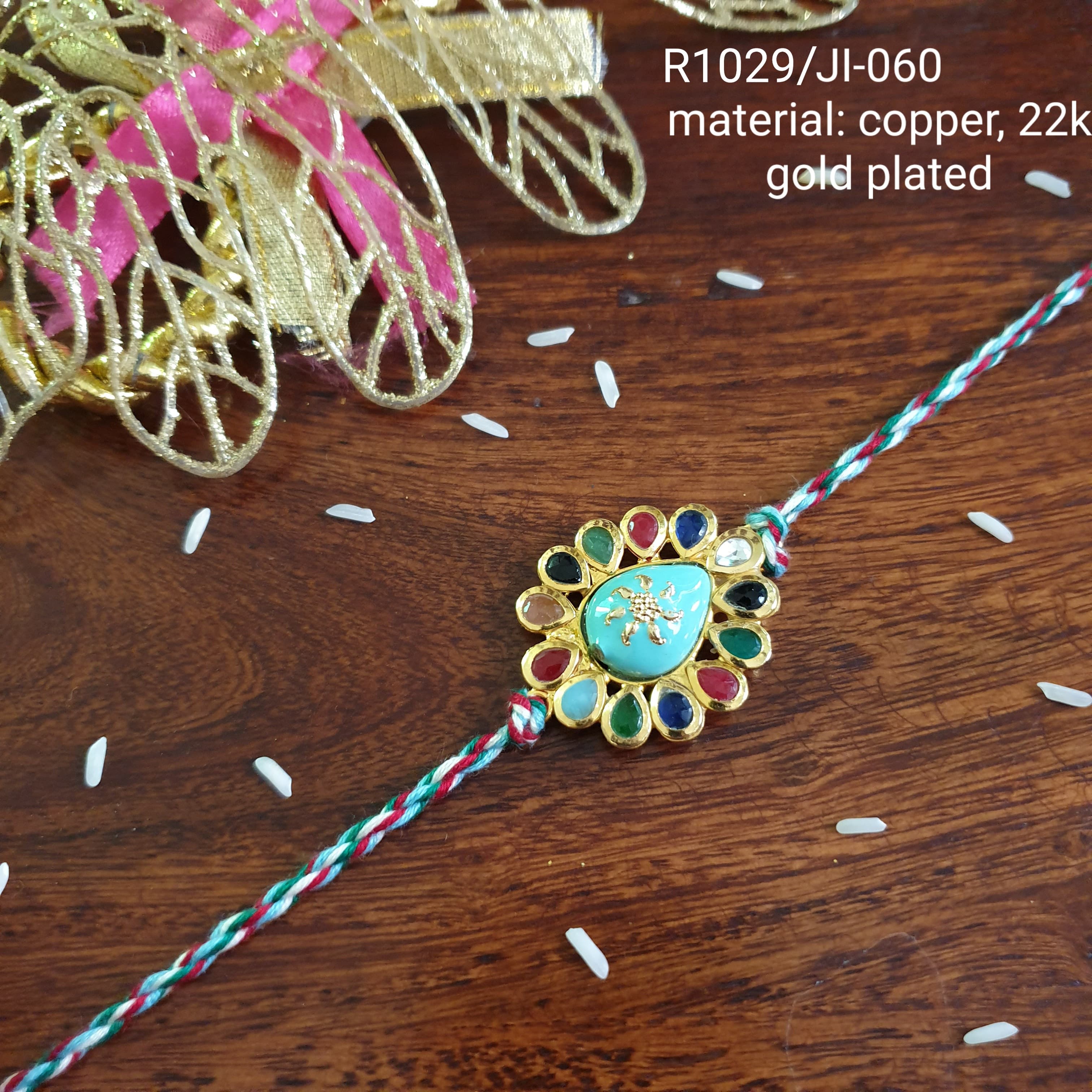 Gold Plated Turquoise Meenakari Rakhi