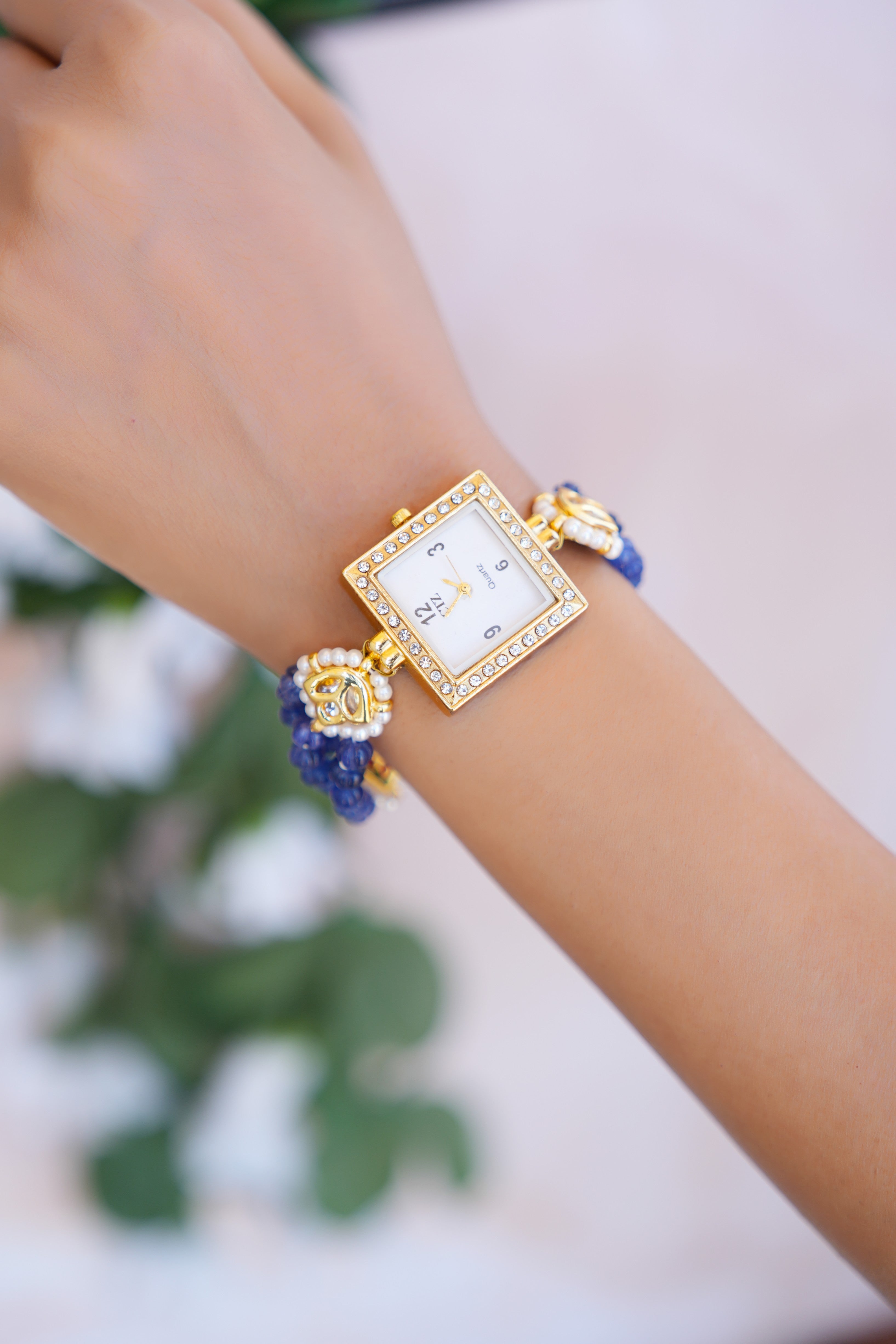 Blue Pumpkin Beads Kundan Wrist Watch
