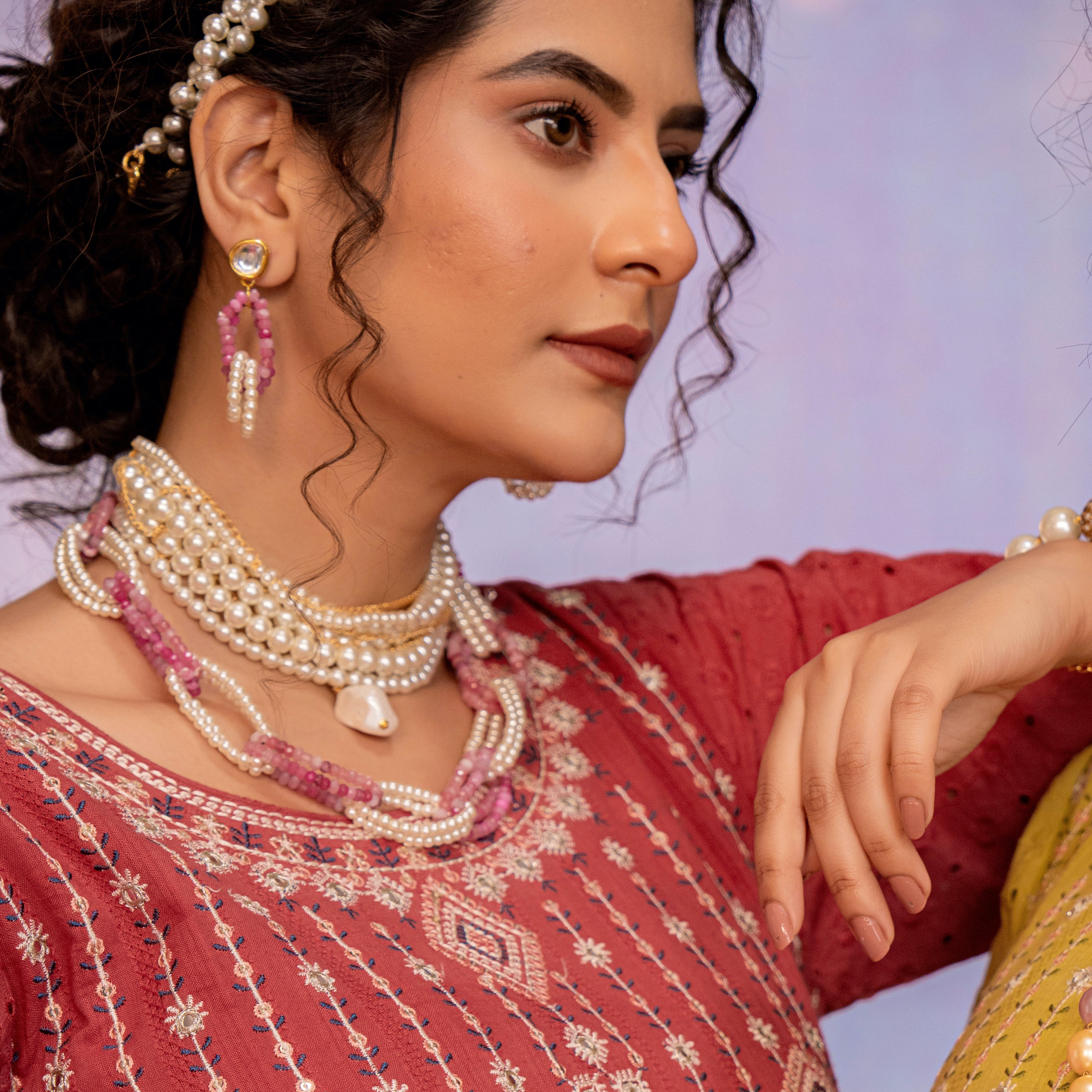 Pearl and Pink Stone Necklace With Pearl Choker and Earrings