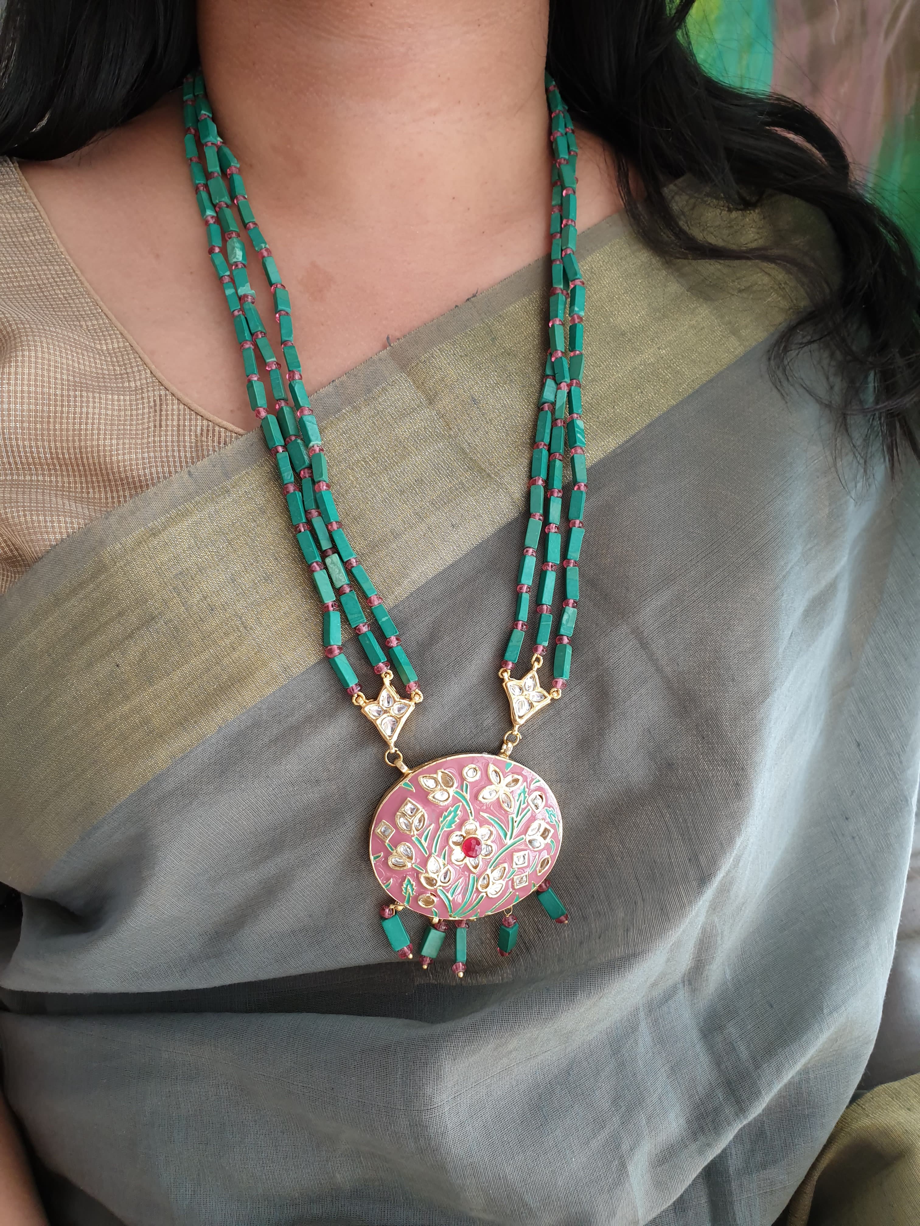 Pink Meenakari Green Beaded Pendant Set With Earrings