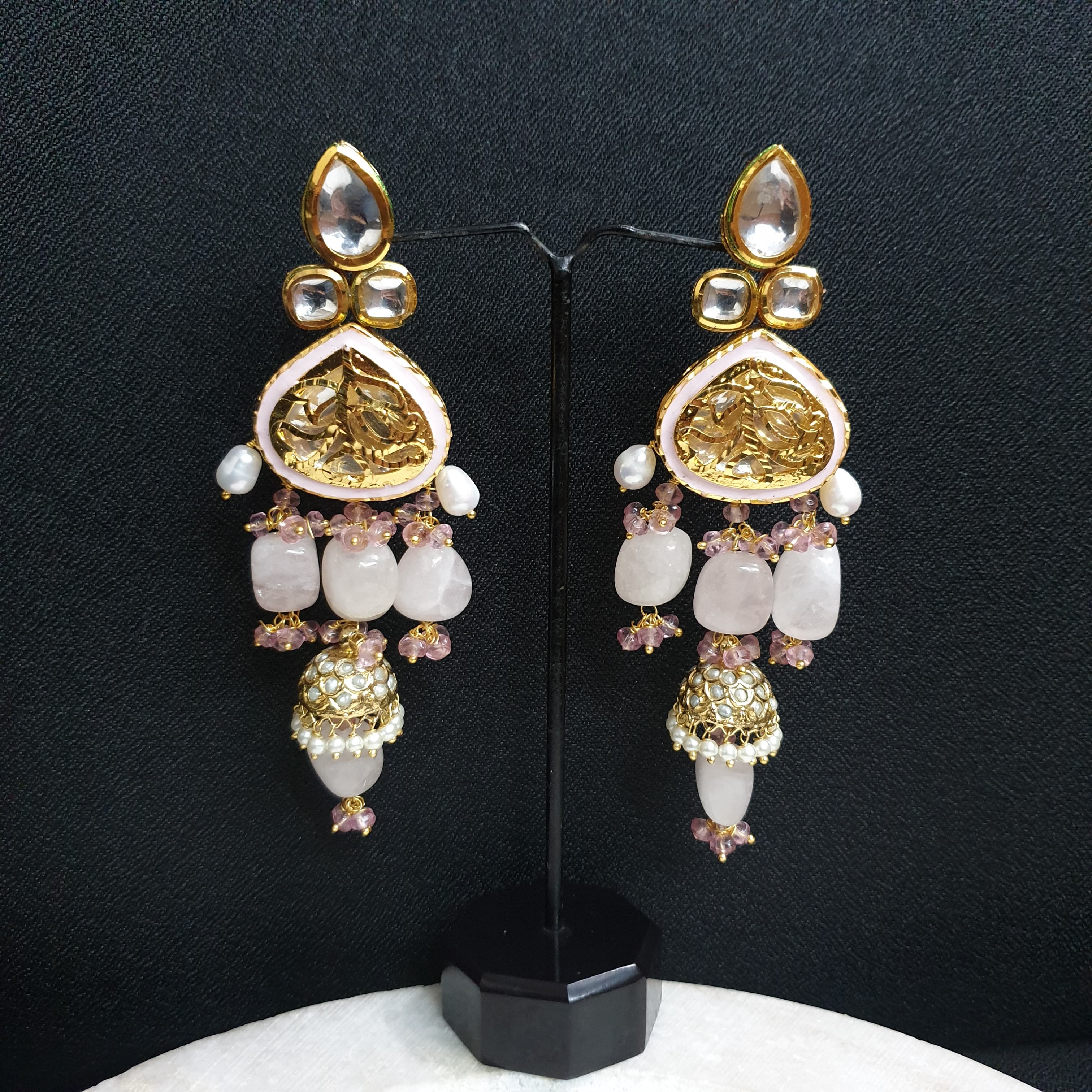 Rose Quartz Kundan Meenakari Earrings