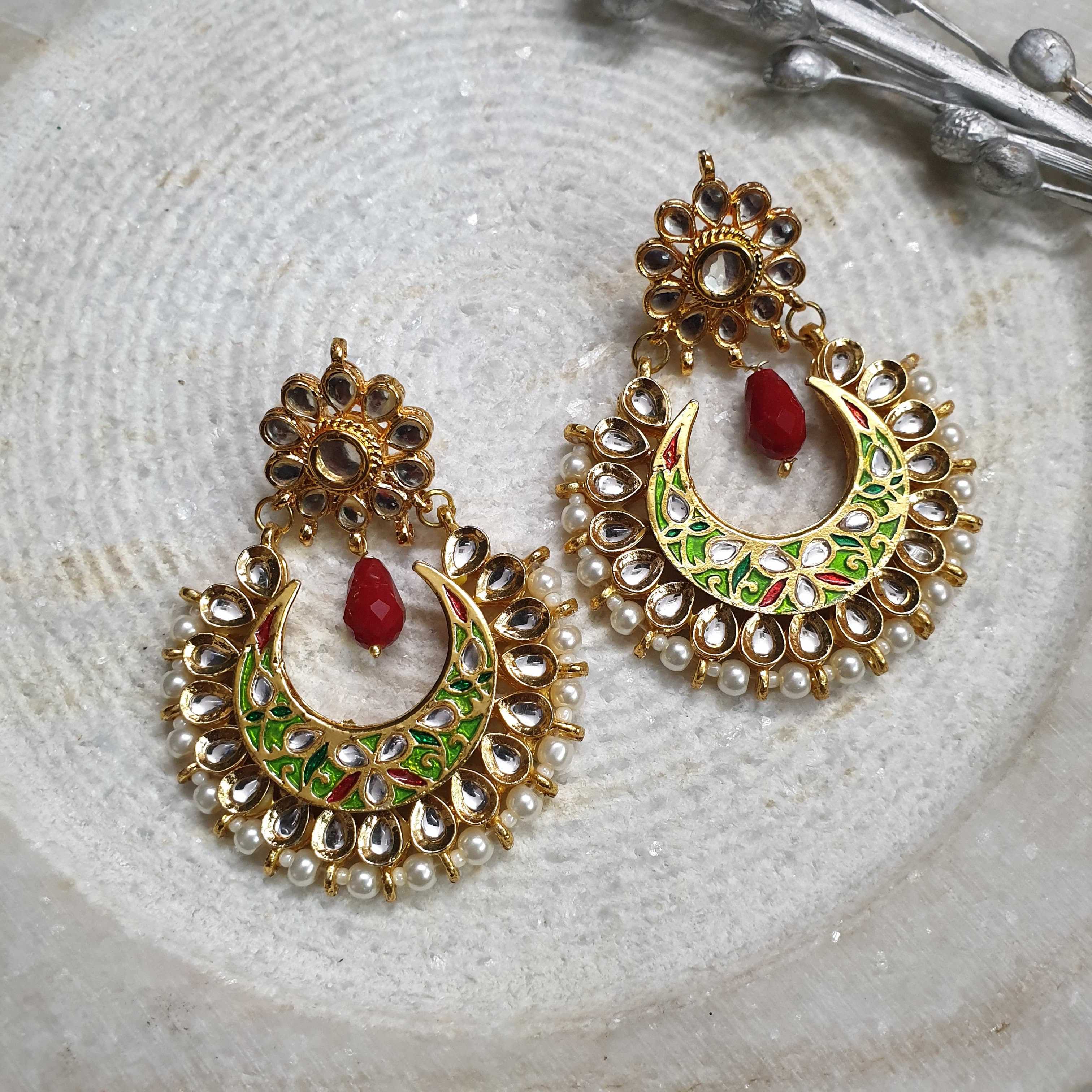 Green Meenakari Chandbali Earrings