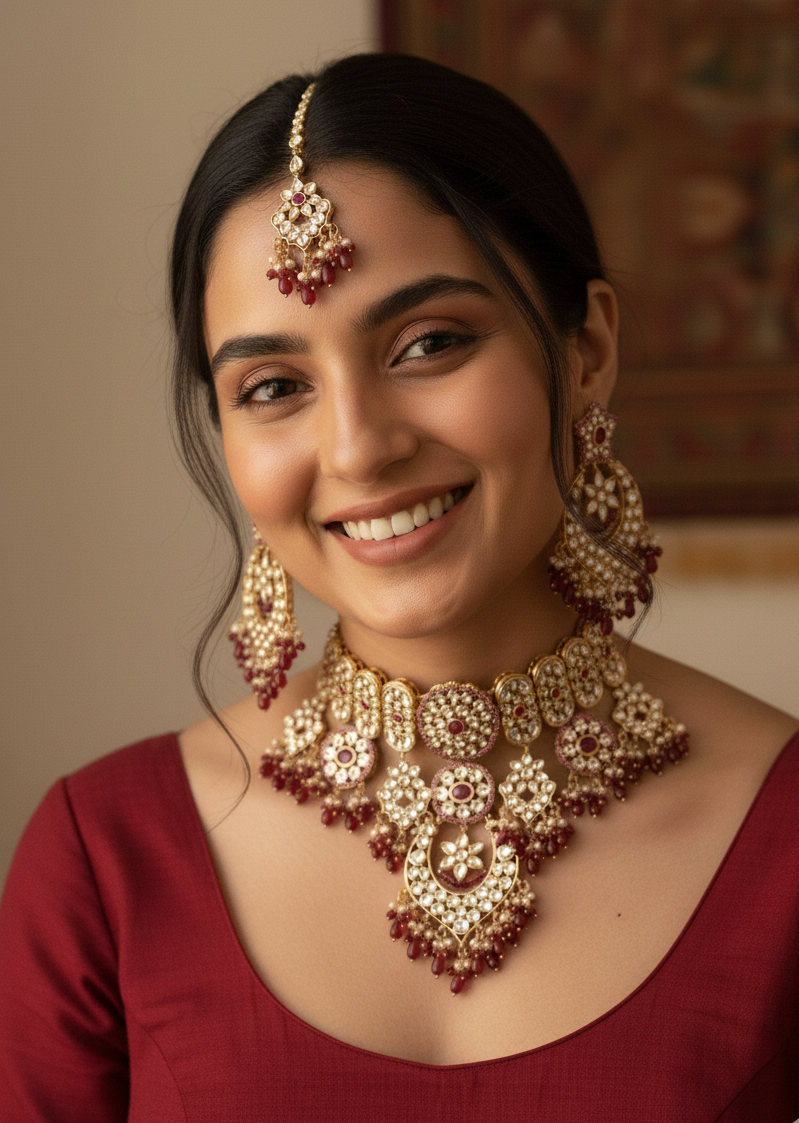 Kundan Polki Bridal Necklace With Earrings And Maang Tikka