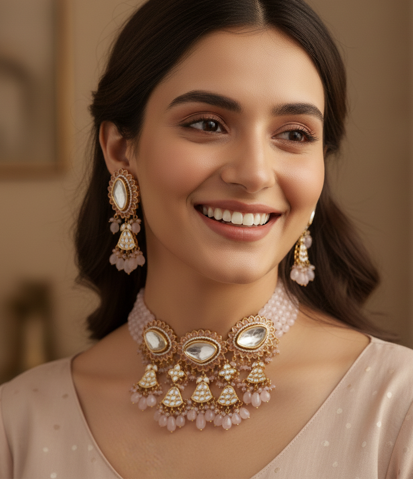 Kundan Polki Baby Pink Stone Beaded Necklace With Earrings