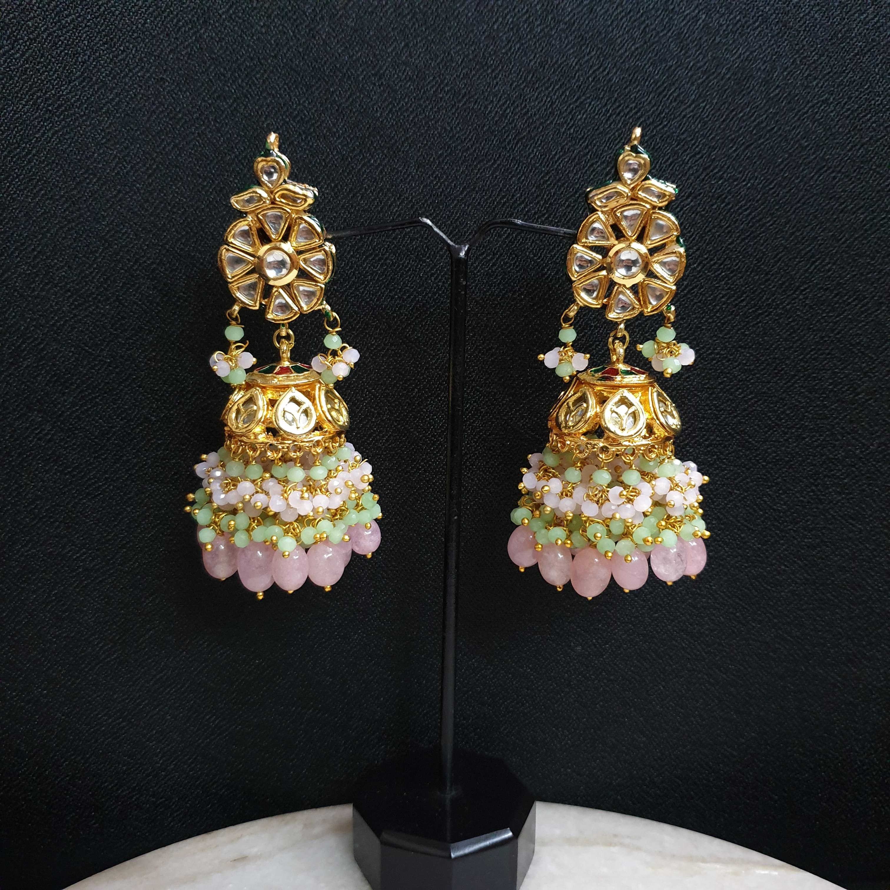Pink Kundan Stone Jhumka Earrings