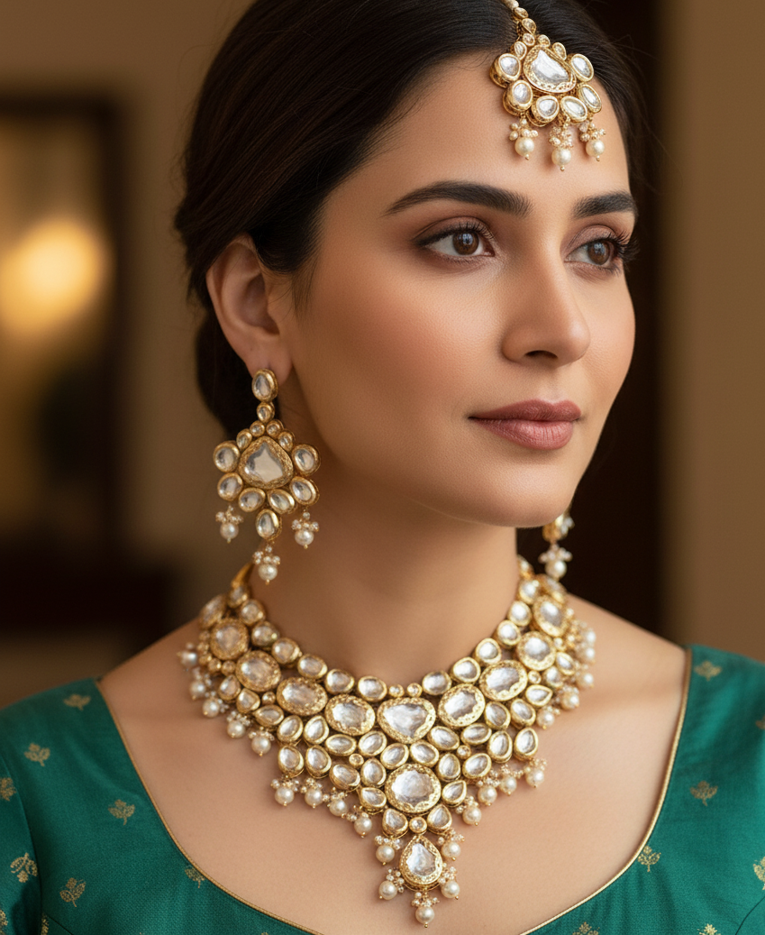 Kundan Polki Pearl Bridal Necklace, Earrings And Maangtikka