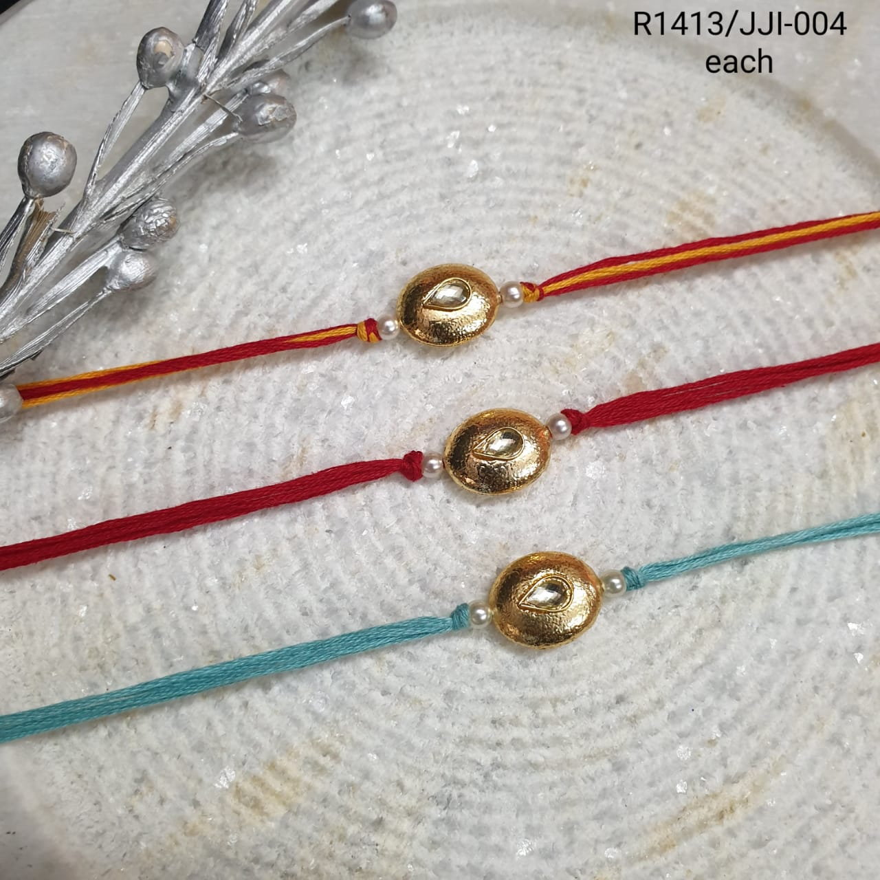 Minimal Kundan Rakhi For Brother And Sister (Pack Of Three)