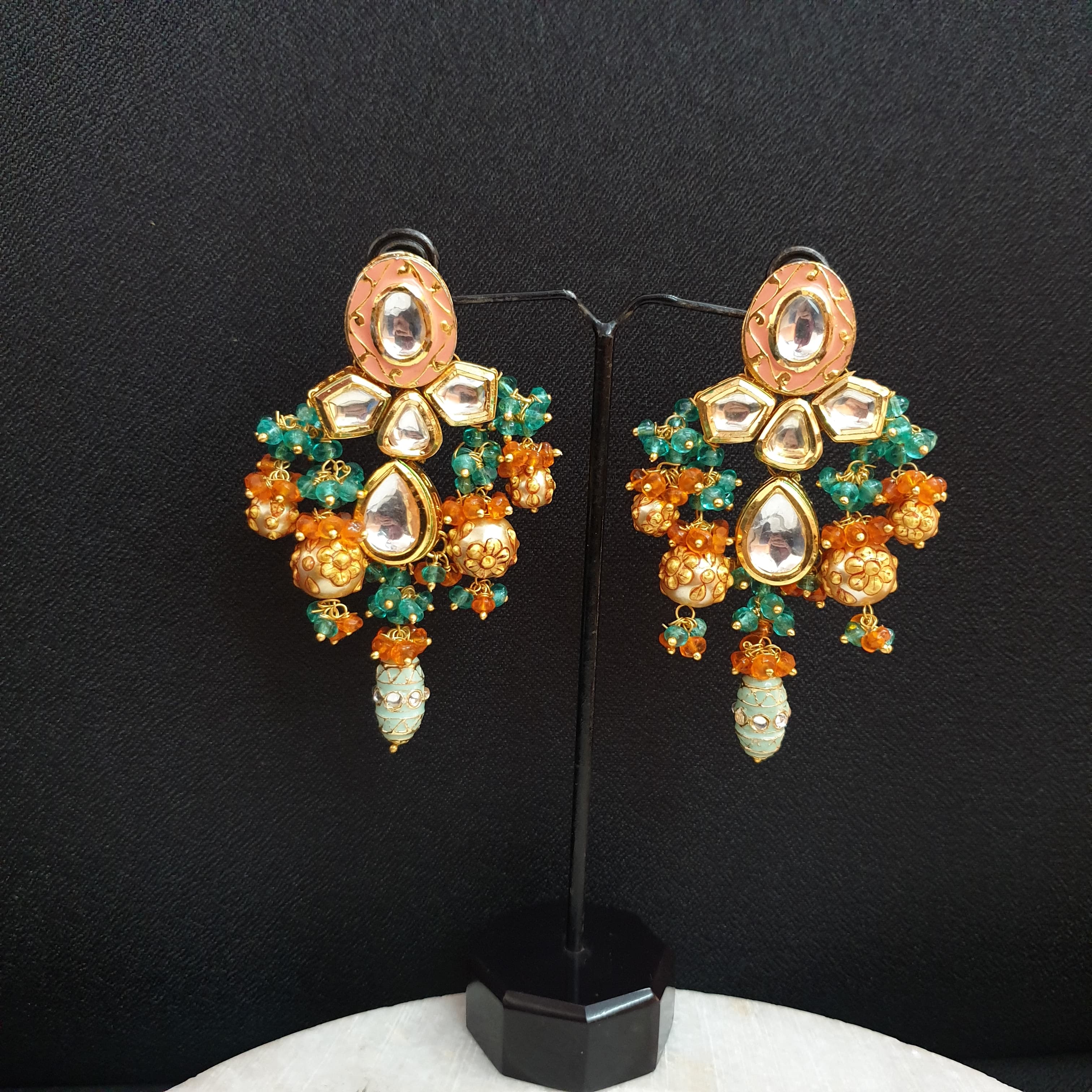 Peach Meenakari Jadau Beaded Earrings