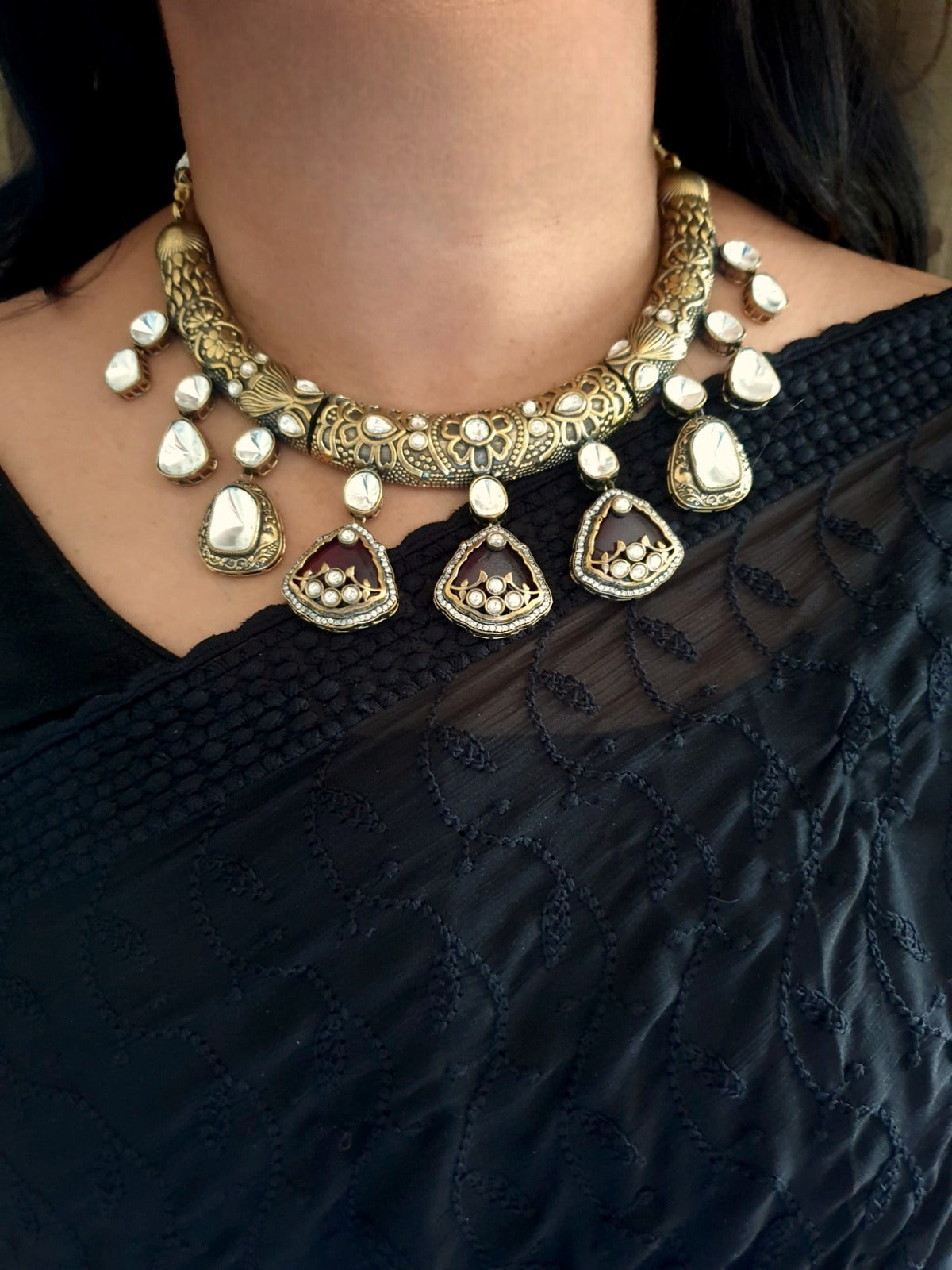 Antique Gold Kundan Polki Ruby Bead Hasli Necklace